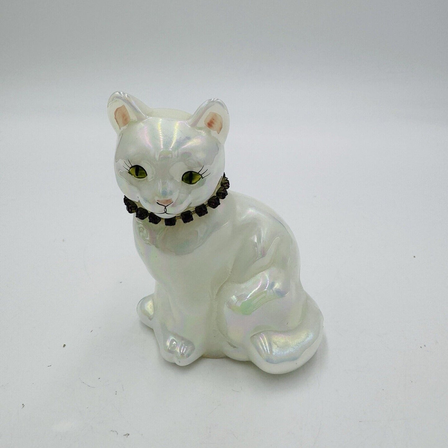 Vintage Fenton Art Glass Birthday Cat Iridescent Figurine Signed