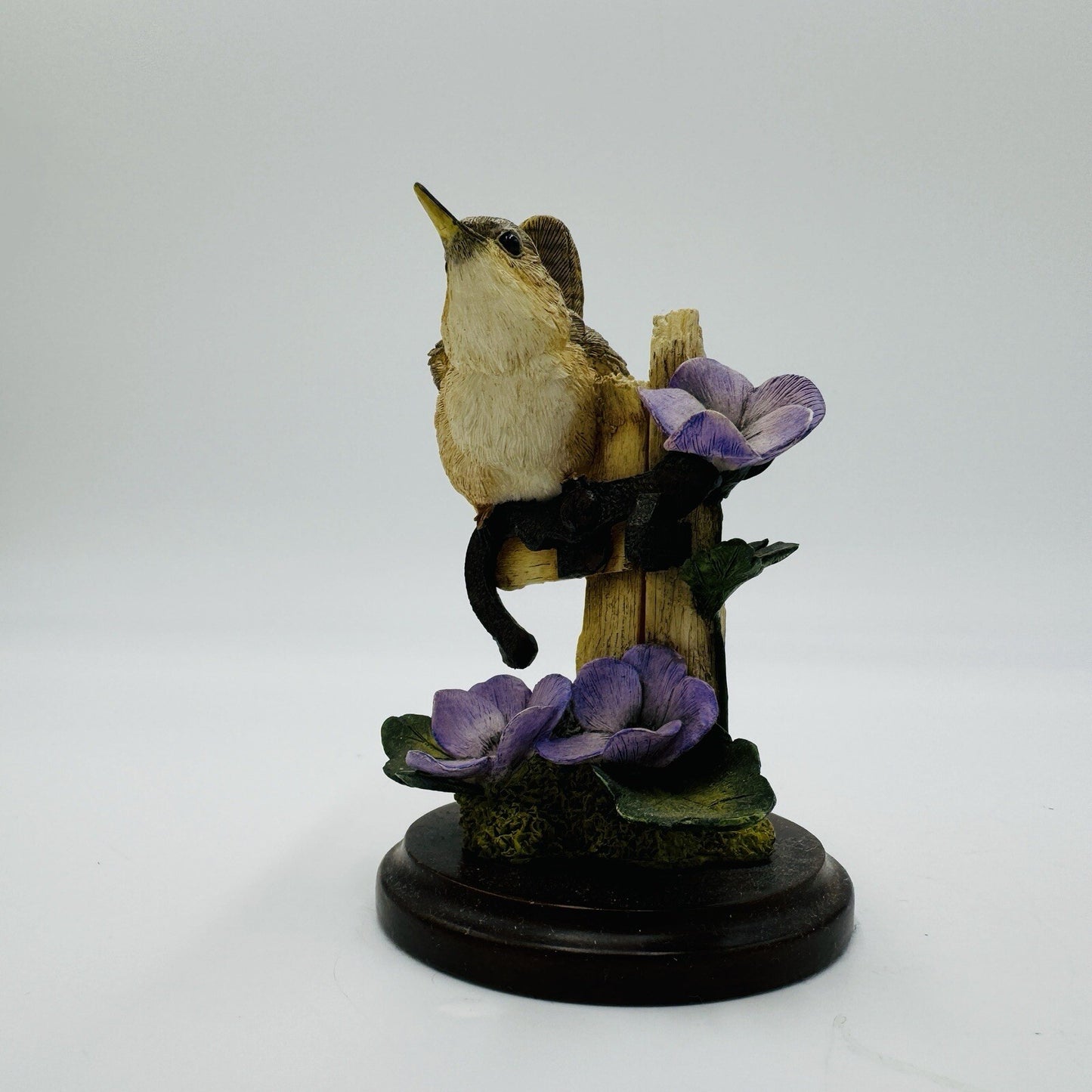 Country Artists Hand Painted House Wren w Violets Wood Base Figurine Vintage 4in