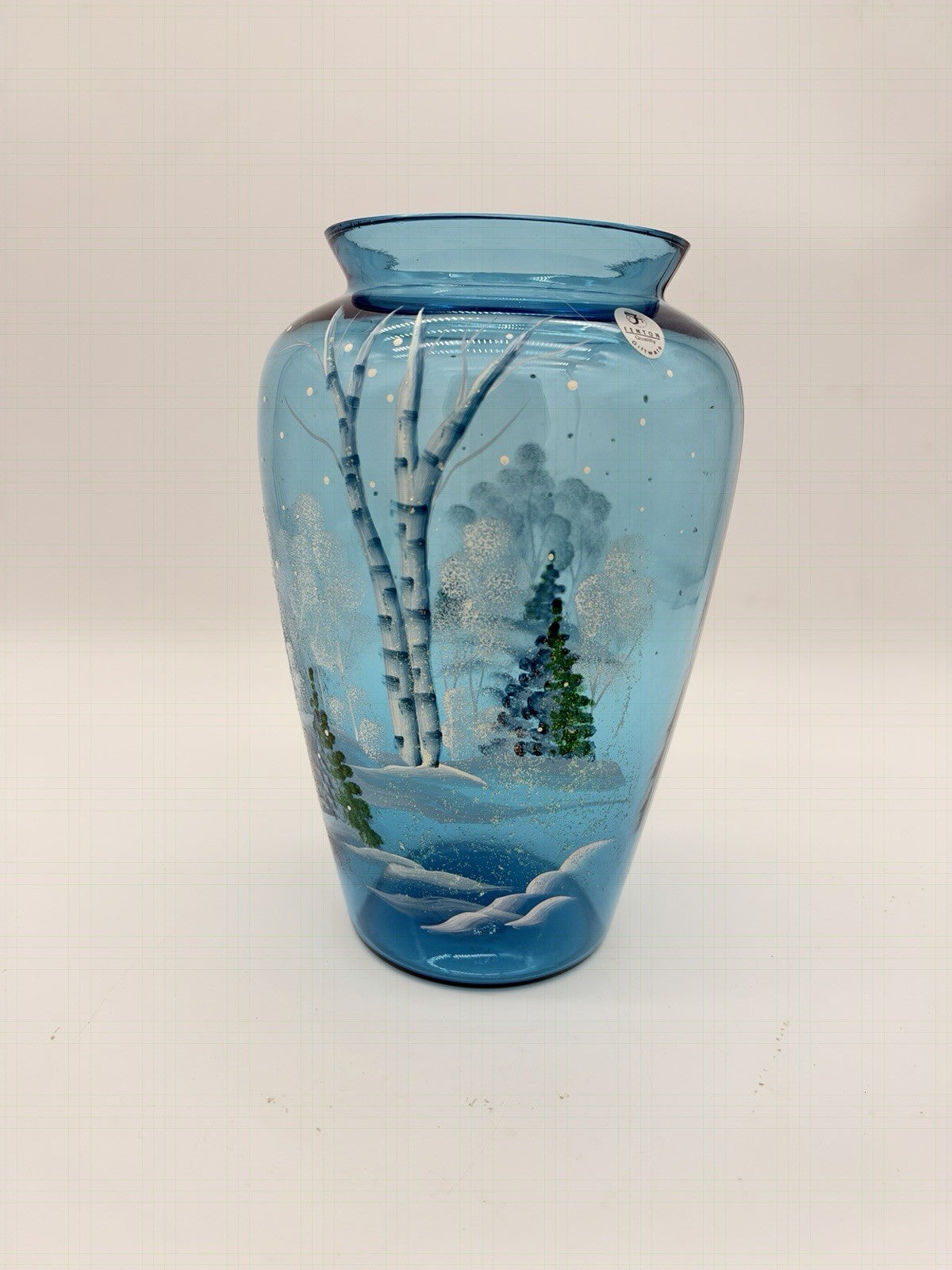 Fenton Art Glass Quality Blue Hand Painted Winter Christmas Scene Vase 8.5”H
