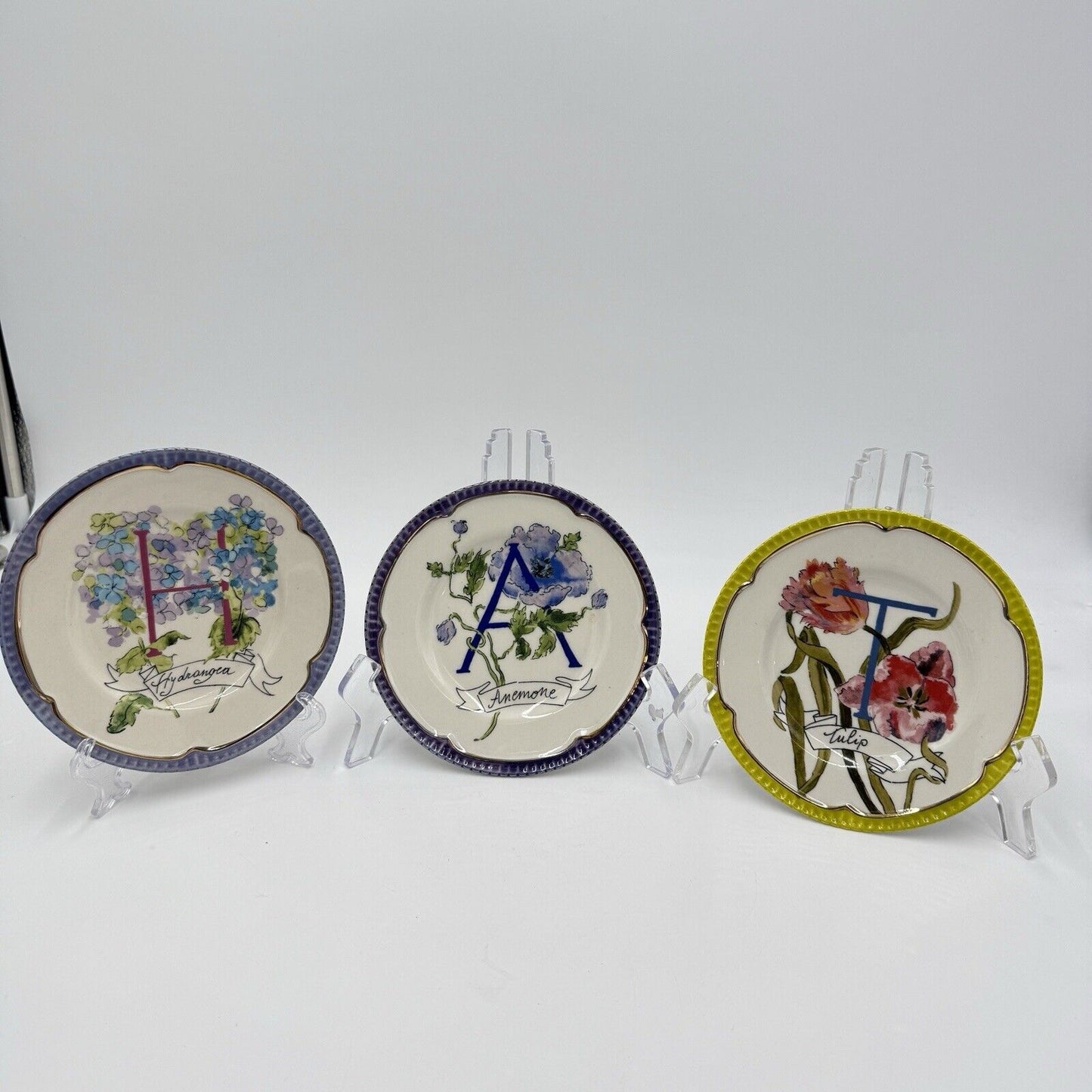 Anthropologie Eyewanderer Monogram Letters H A T Plates Set 3 Floral 6”