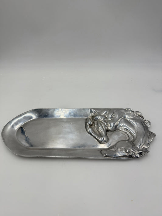 Vintage Unmarked Aluminum Horse Figural Serving Tray Oval 16”Lx6”w
