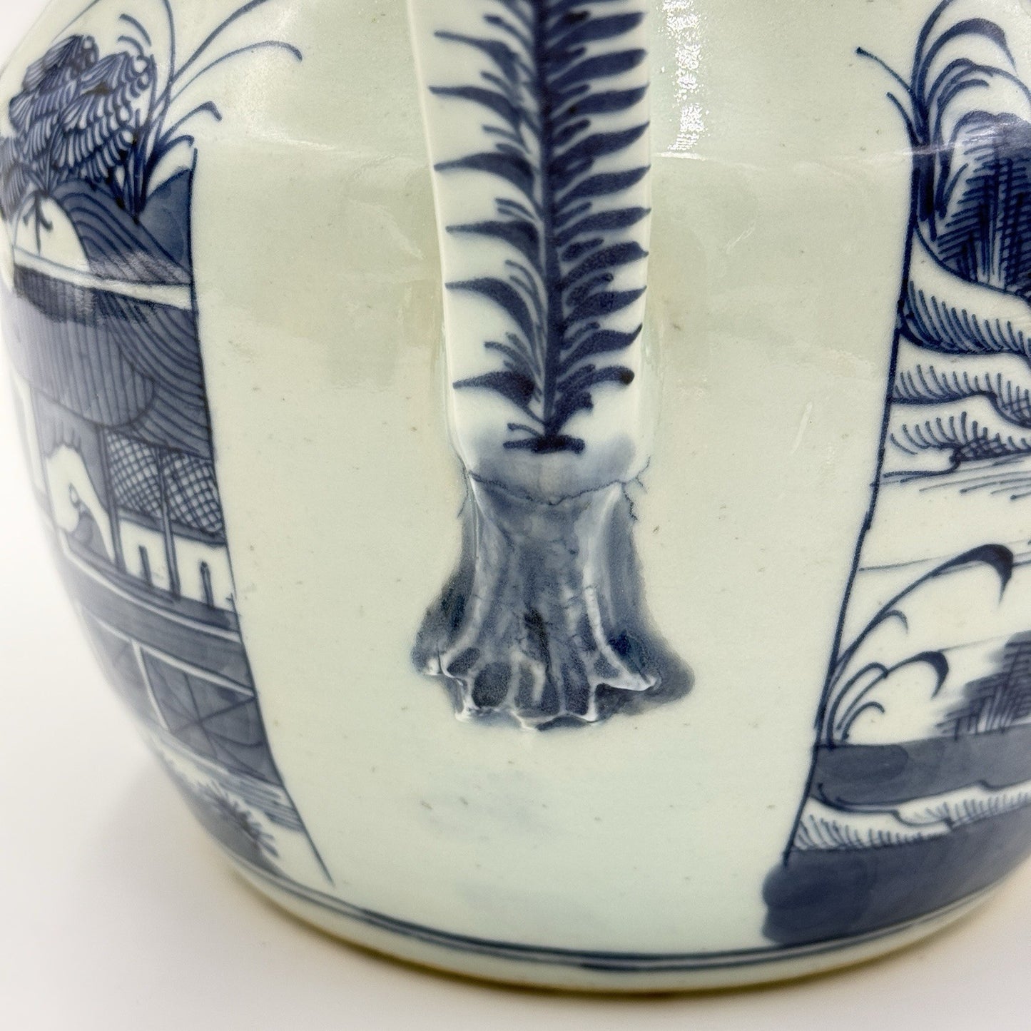 Antique Chinese Blue & White Canton Export Porcelain Large Pitcher 9”H x12” L