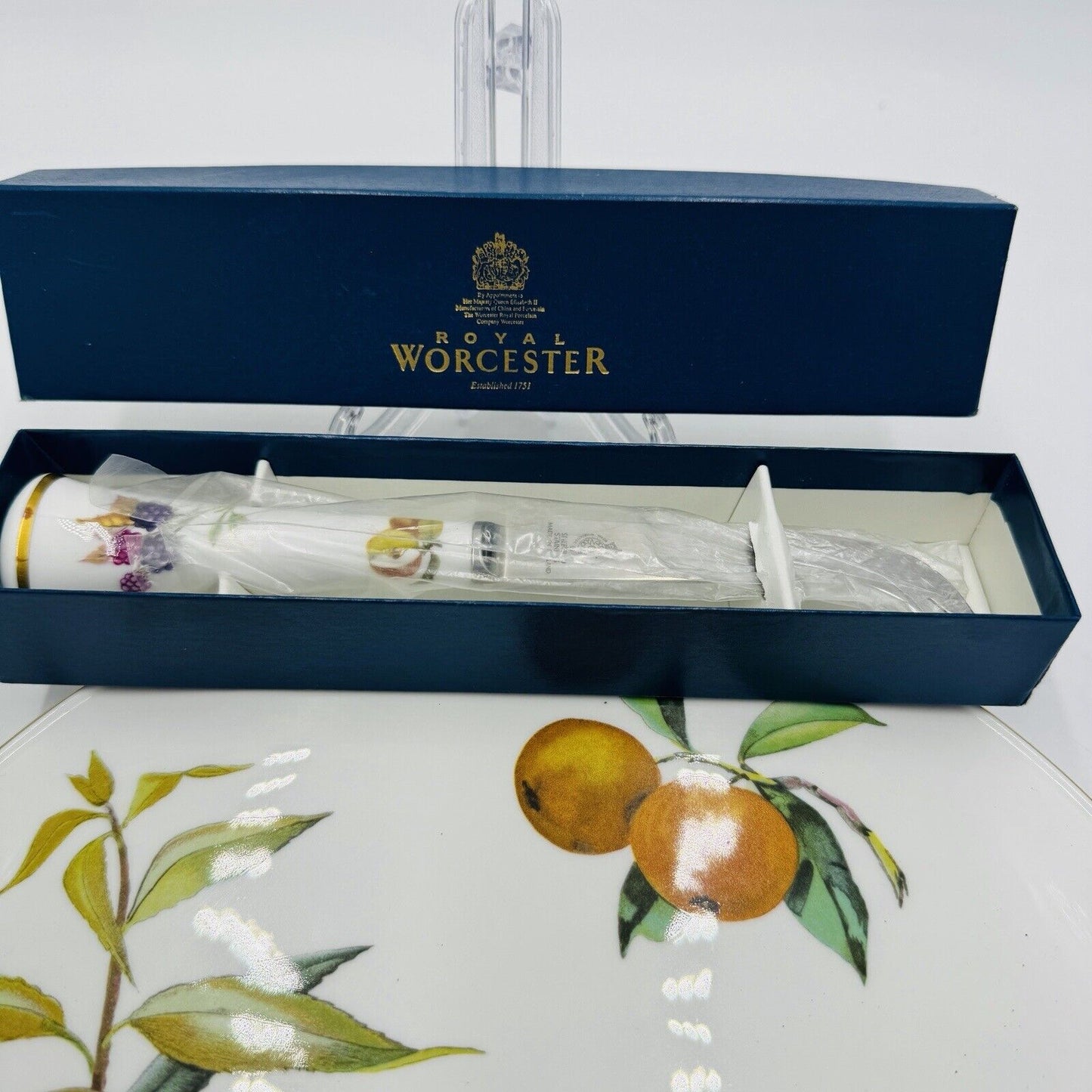 Royal Worcester Arden Fruit Porcelain cake plate & matching Cheese knife 1974