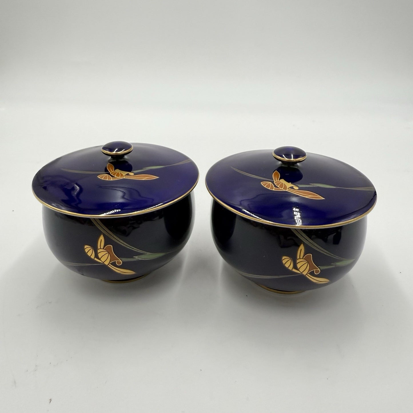 Arita Ware Retro Koransha Lapis Gold Tea Cups With Lid Blue Cobalt Porcelain