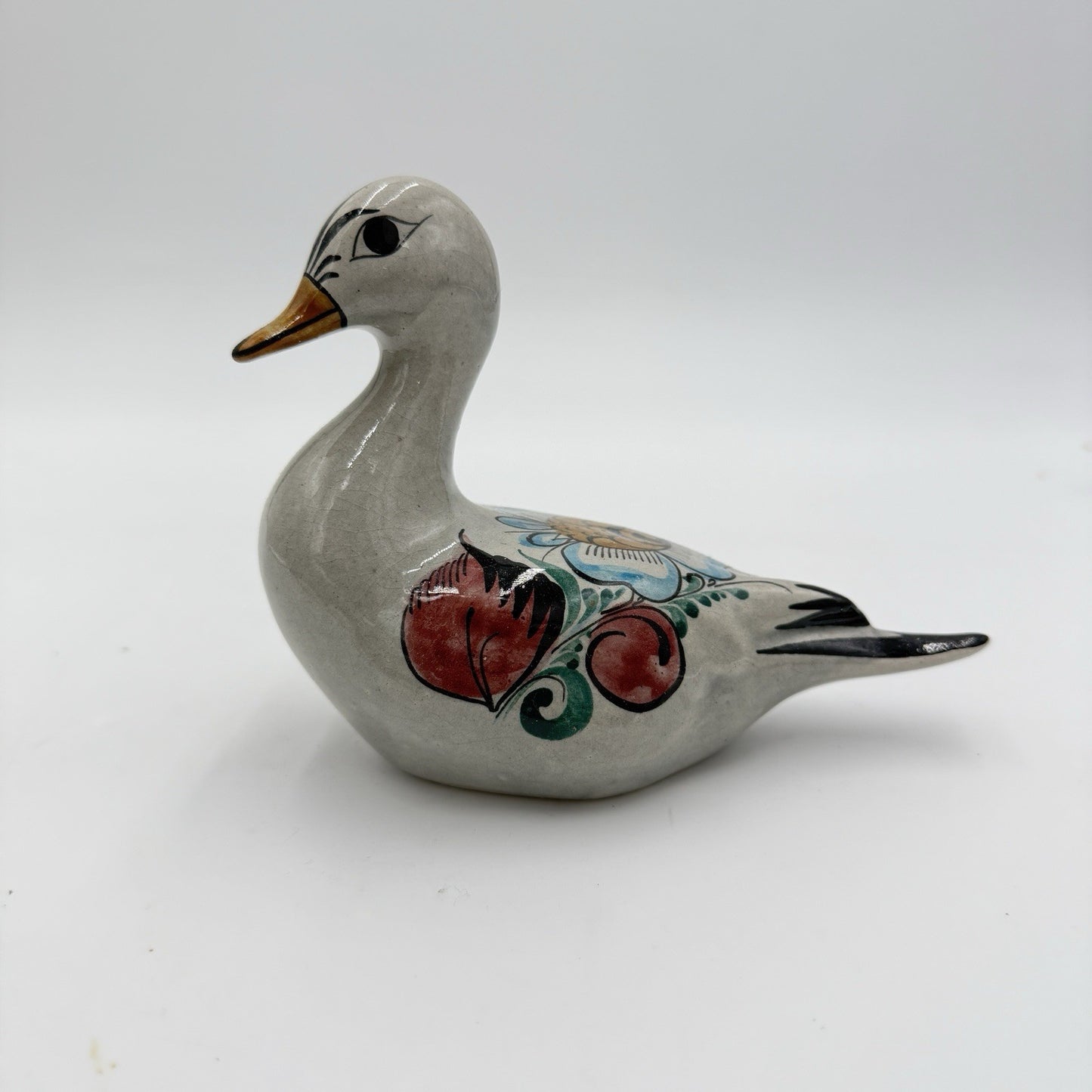 Noe Suro Mexican Folk Art Pottery Clay Floral Painted Duck Vintage Figurine