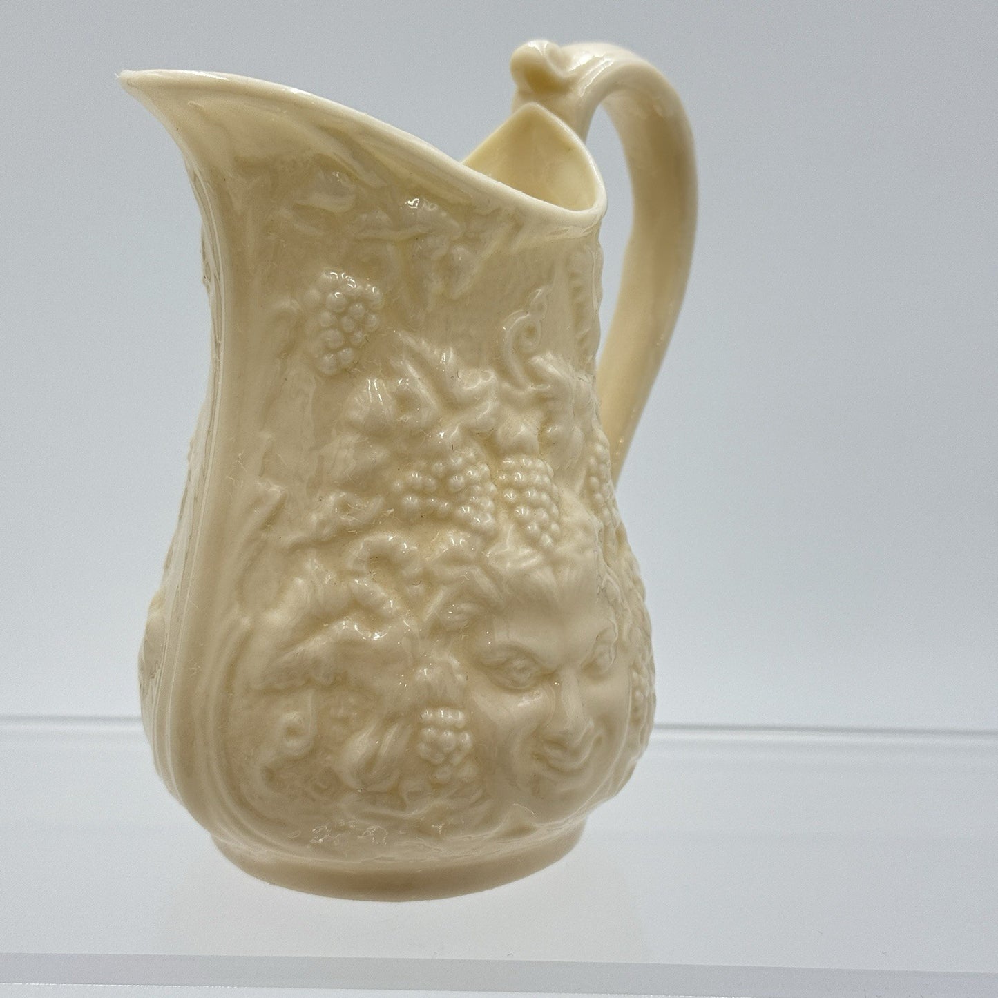 Belleek Irish Porcelain Bacchus Mask Grapes Embossed 4” Pitcher