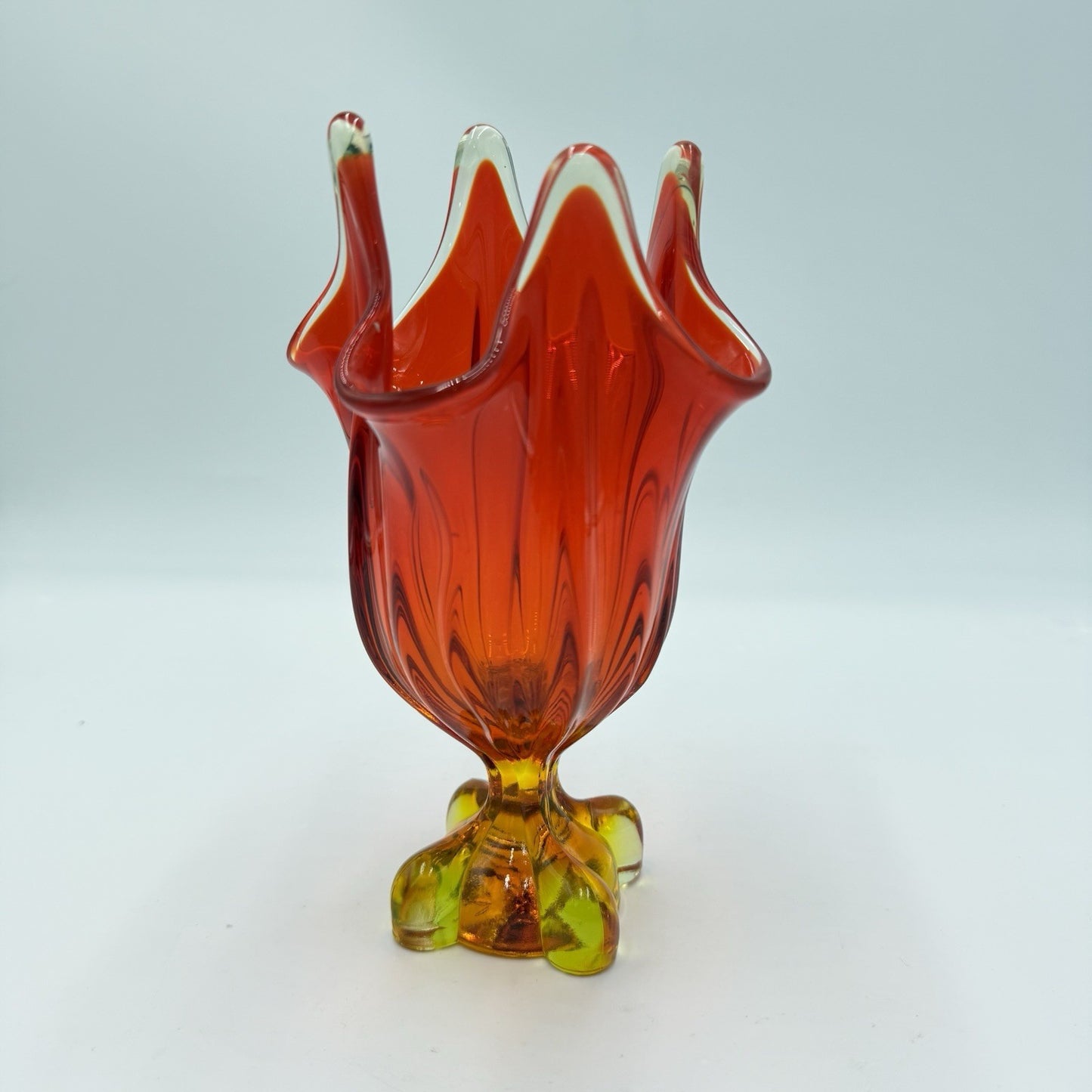 Viking art Glass EPIC Four Square Footed Swung Vase Persimmon Cadmium UV Glow
