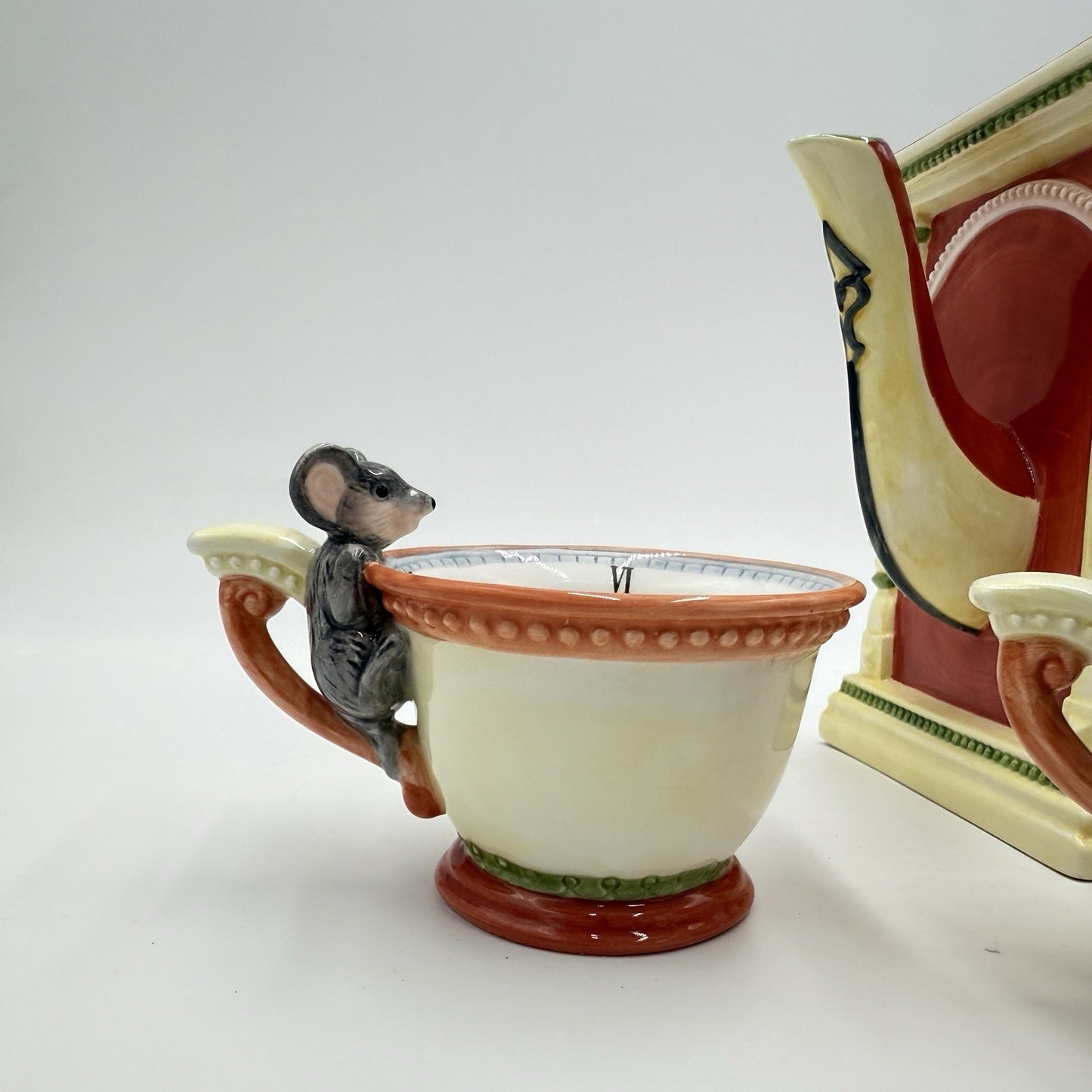 Dept 56 Storybook "Hickory Dickory Dock" Handpainted Ceramic Teapot & 4 Tea Cups