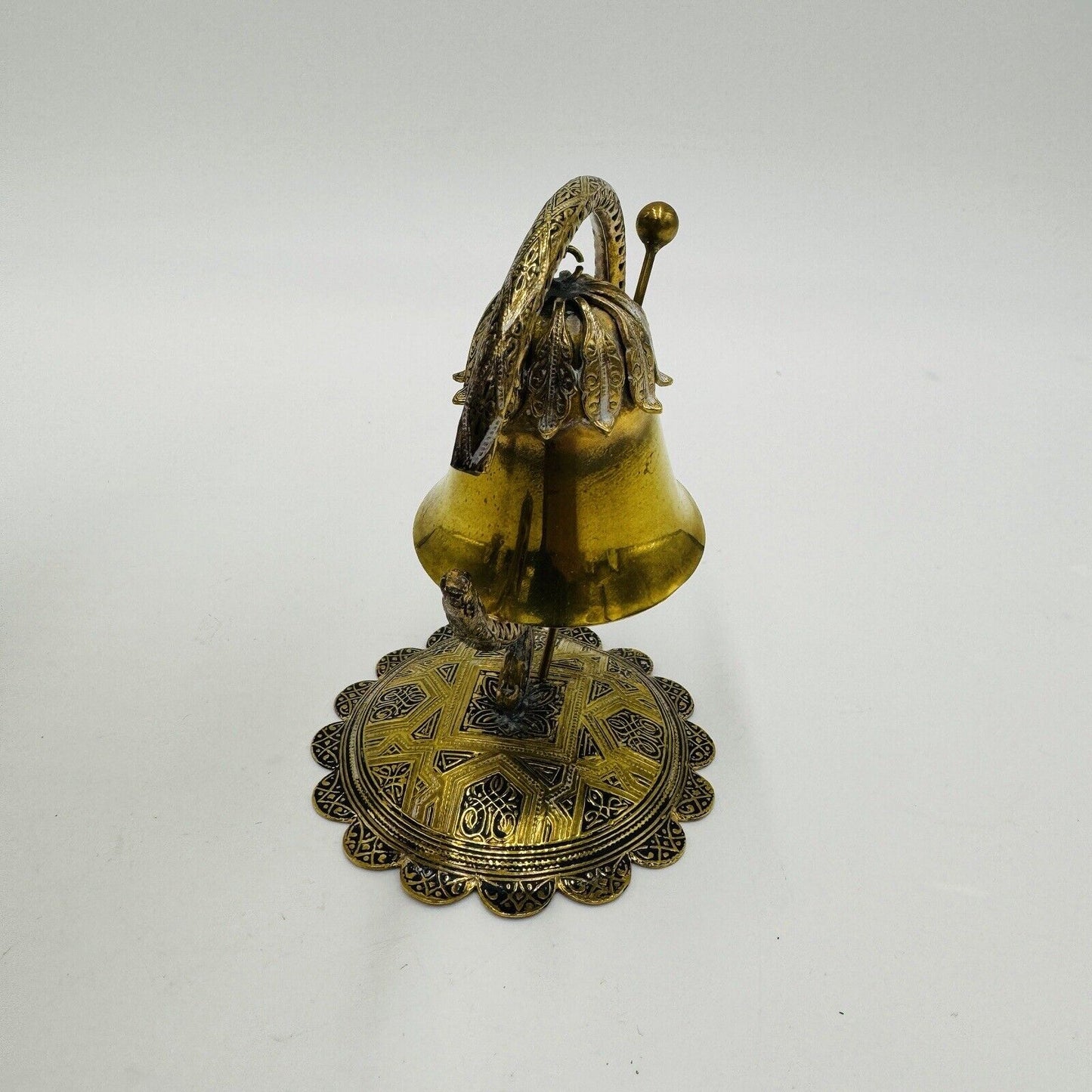Brass Miniature Gong Ornate Bell Embossed 4in H Vintage Home Decor