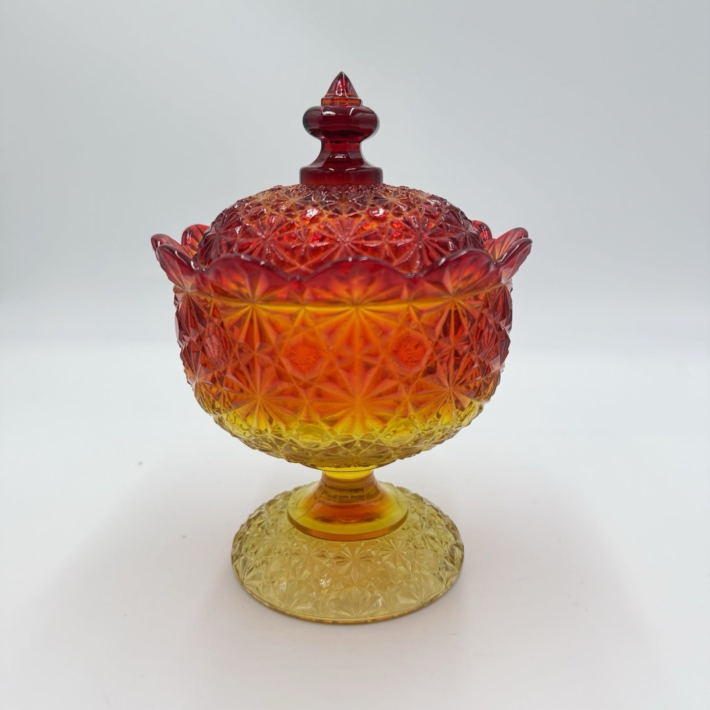 Vintage L.G Wright Daisy & Button Amberina compote candy dish 7.5” Art Glass