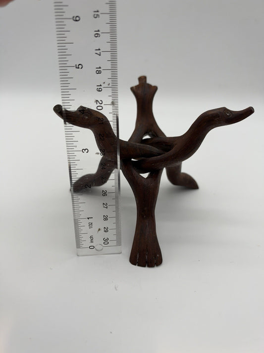 20th Century Boho Chic Hand Carved Wood Bowl Stand Snake Head 5”H