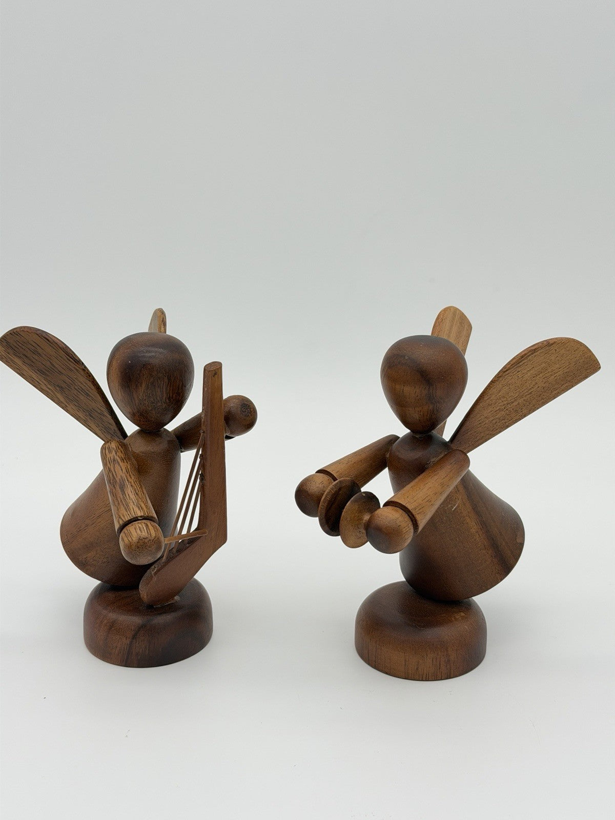 MCM Folk Art Wooden Fairy Angels Musician Figurines Playing Violin Cymbal