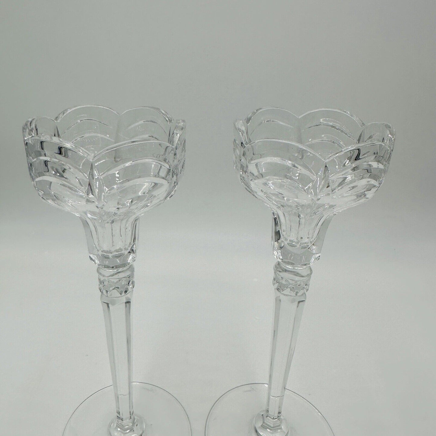 Rogaska Crystal Scalloped Wave Tall Candlestick Holders 10 1/2in Clear Vintage