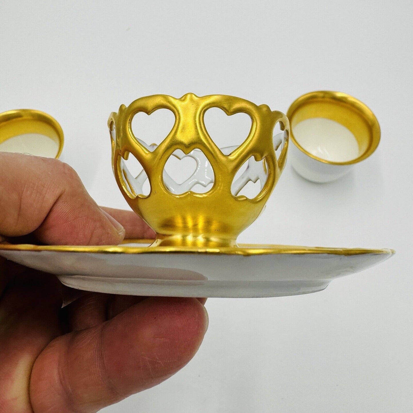 French Porcelain Gold Trim Egg Cups 3 Pieces Unmarked Rare Antique Serveware