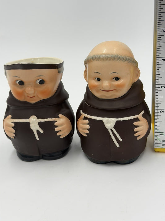 1950 Goebel West Germany Friar Tuck monk creamer & sugar bowl 4.5”H Set