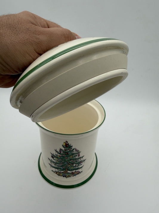 Spode Christmas Tree Canister Cookie Jar W/Rubber Seal On Lid 9”H Vtg England