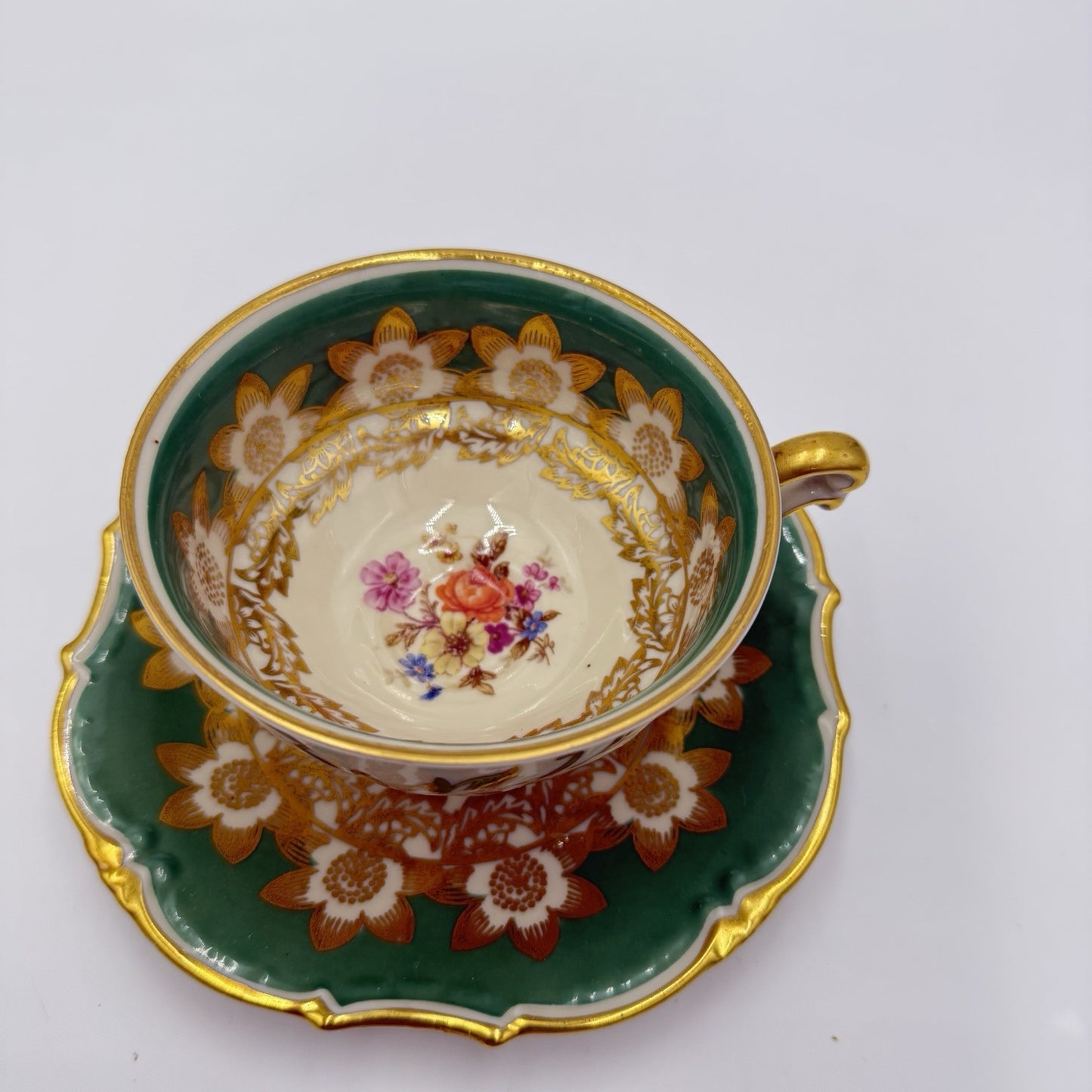 Antique Schwarzenhammer Bavaria Porcelain Gold Trim tea cup & saucer Green