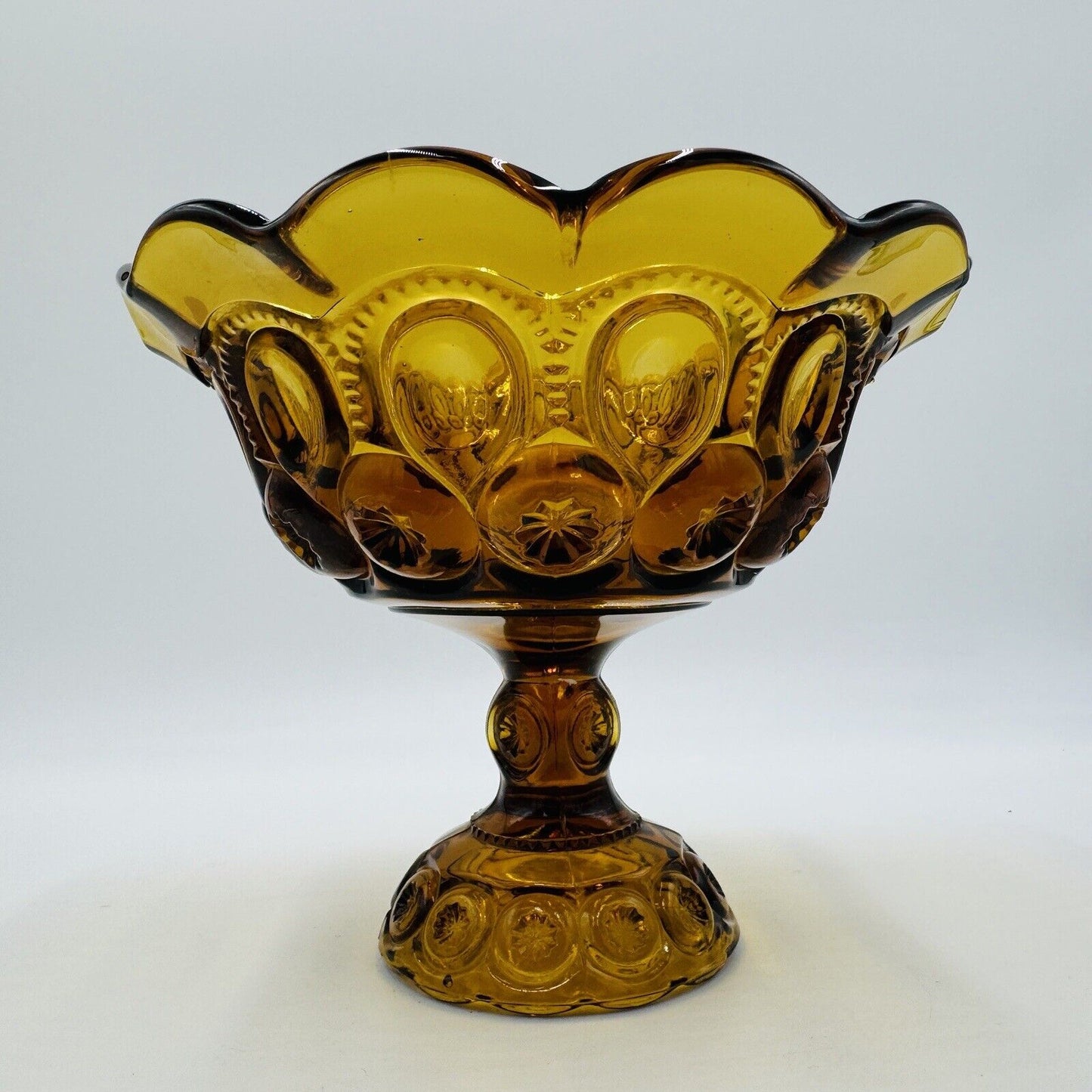 L.E. Smith Moon & Stars Amber Art Glass Pedestal Candy Bowl Dish 7in x 8in