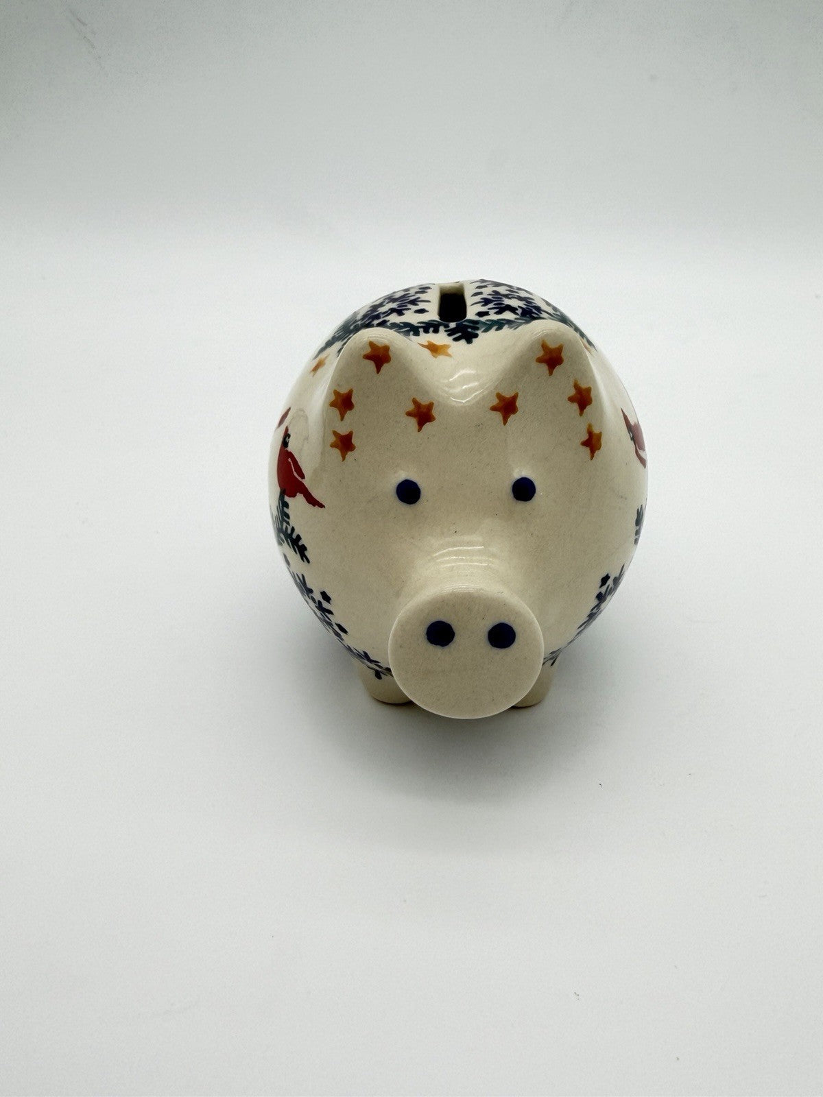 Boleslawiec Polish Art Pottery Hand Painted Cardinal Snow Flakes Piggy Bank
