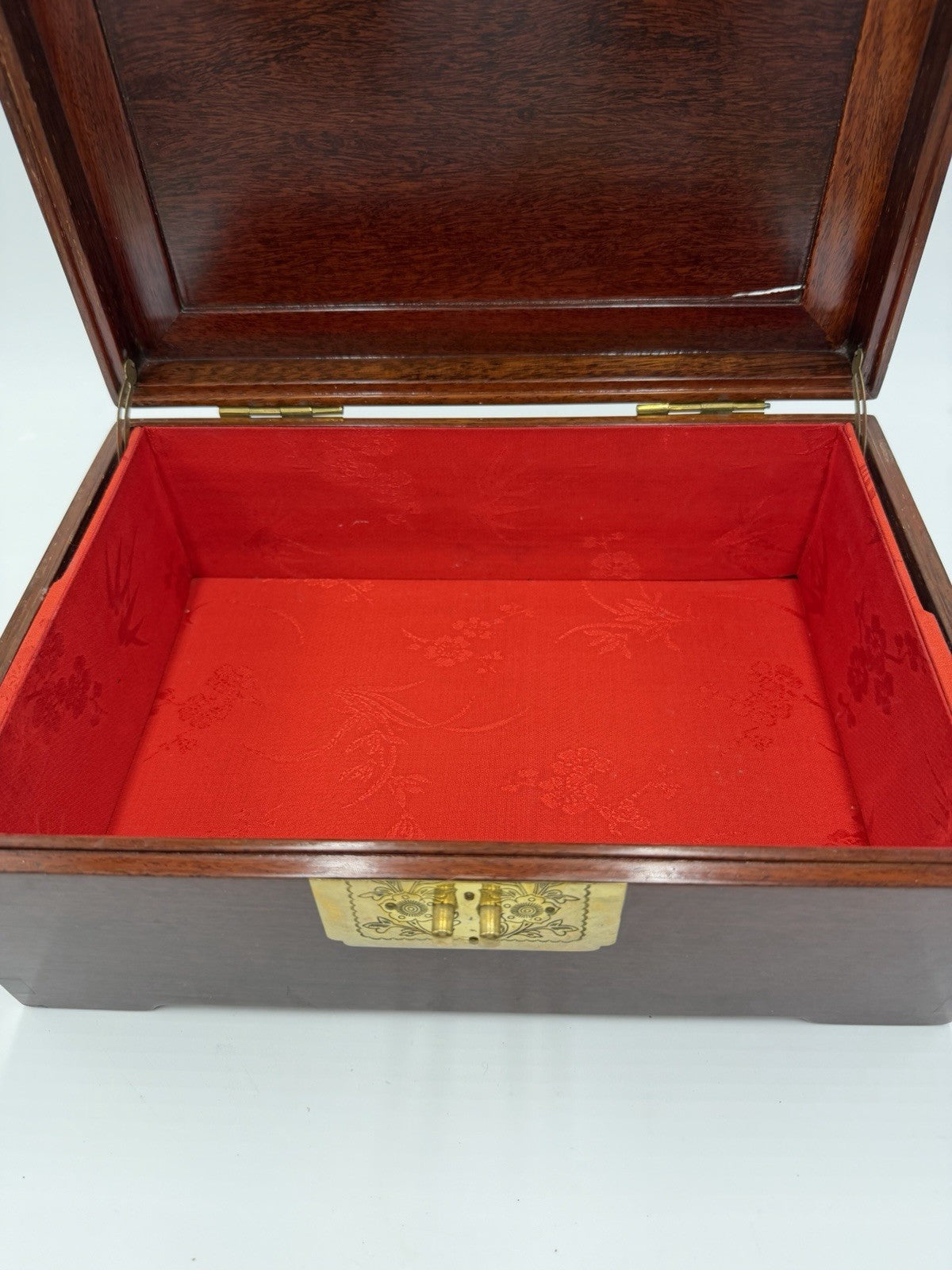 Vintage Chinese Jewelry Carved Rosewood Brass Accents Red Lining Jewelry Box