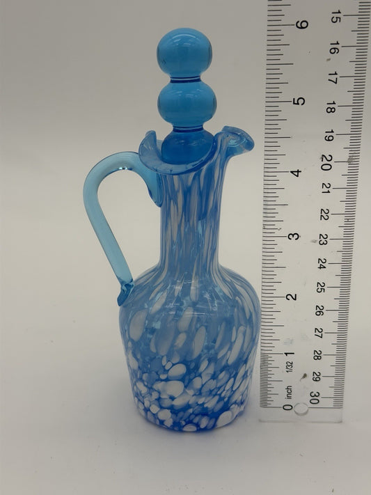 Rainbow Art Glass Cruet Blue Aqua White Spatter Milk Spots W/Stopper Vintage 6”H