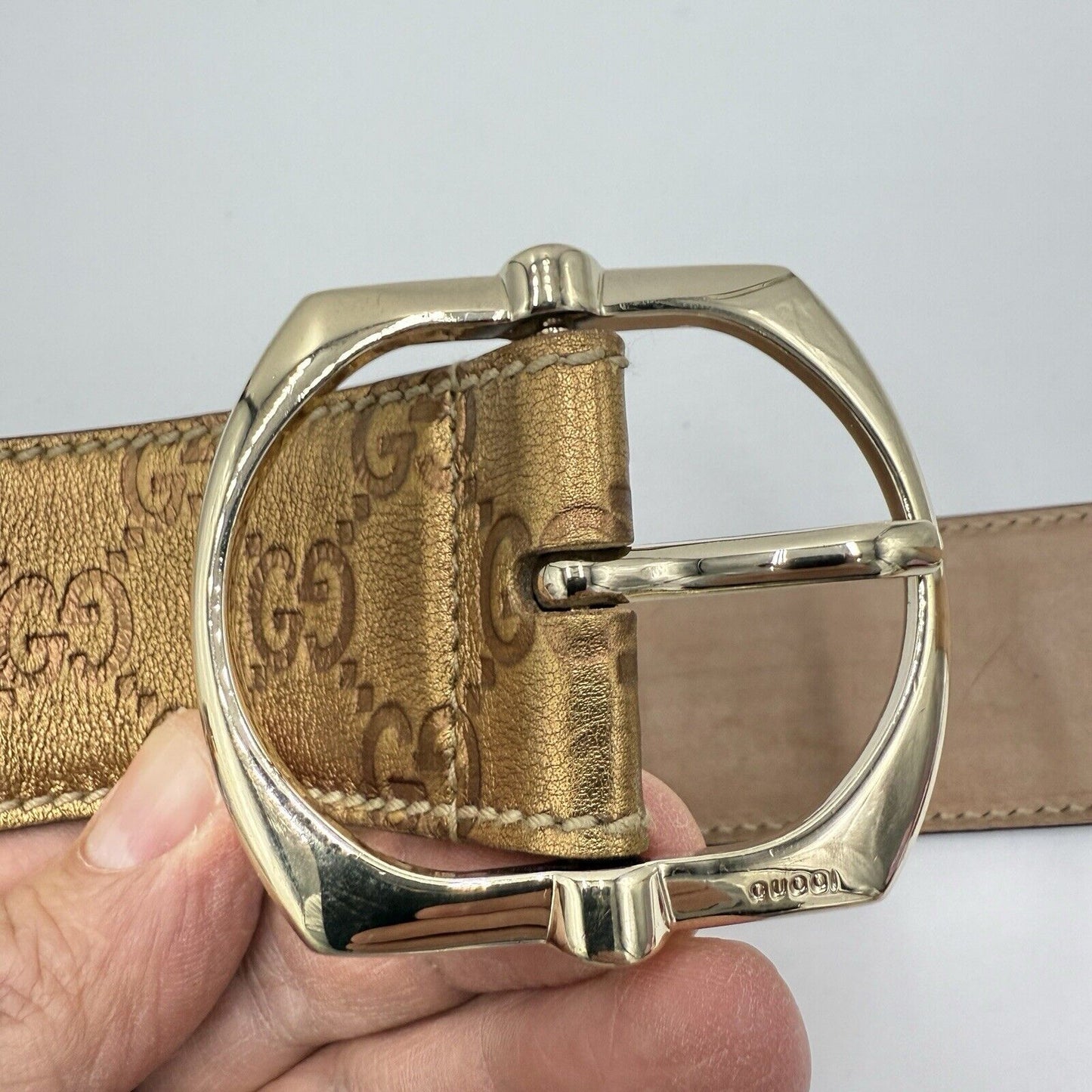 Gucci Bronze Metallic Guccissima Monogram Leather Belt Sz 85/34" Italy Authentic
