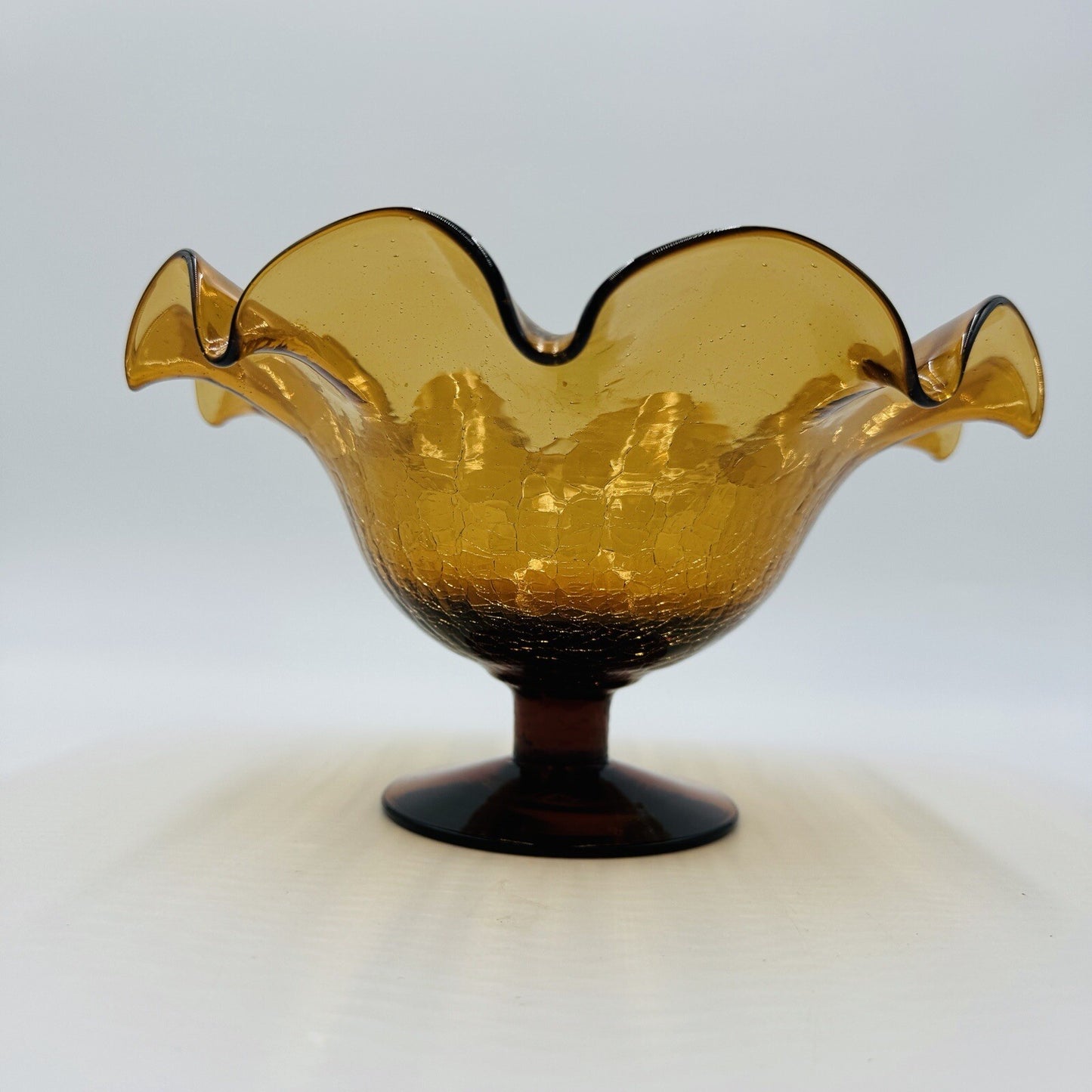 Blenko Art Glass Amberina Footed Vase Ruffled Crackled Compote 5.5in H x 9inW