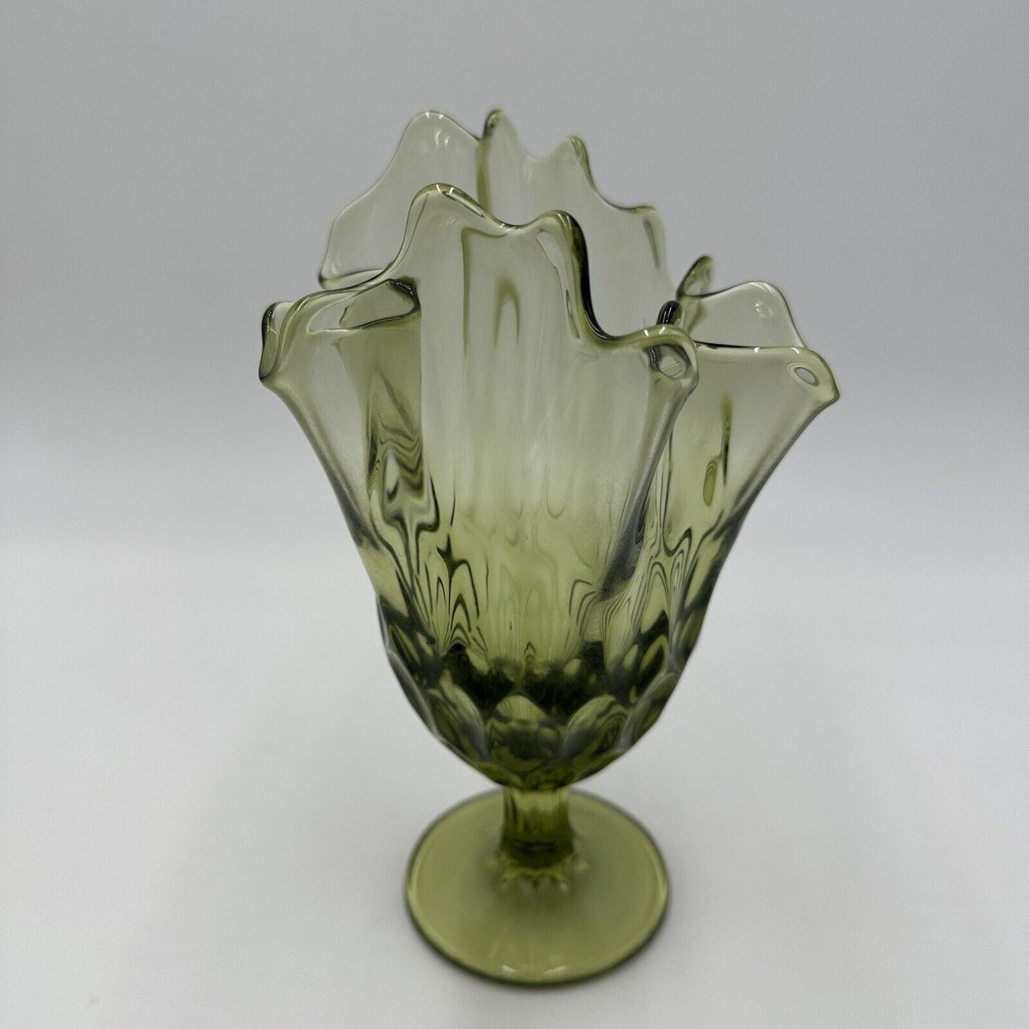 Fenton Vase Glass Colonial Green Thumbprint Handkerchief Compote Ruffled Art