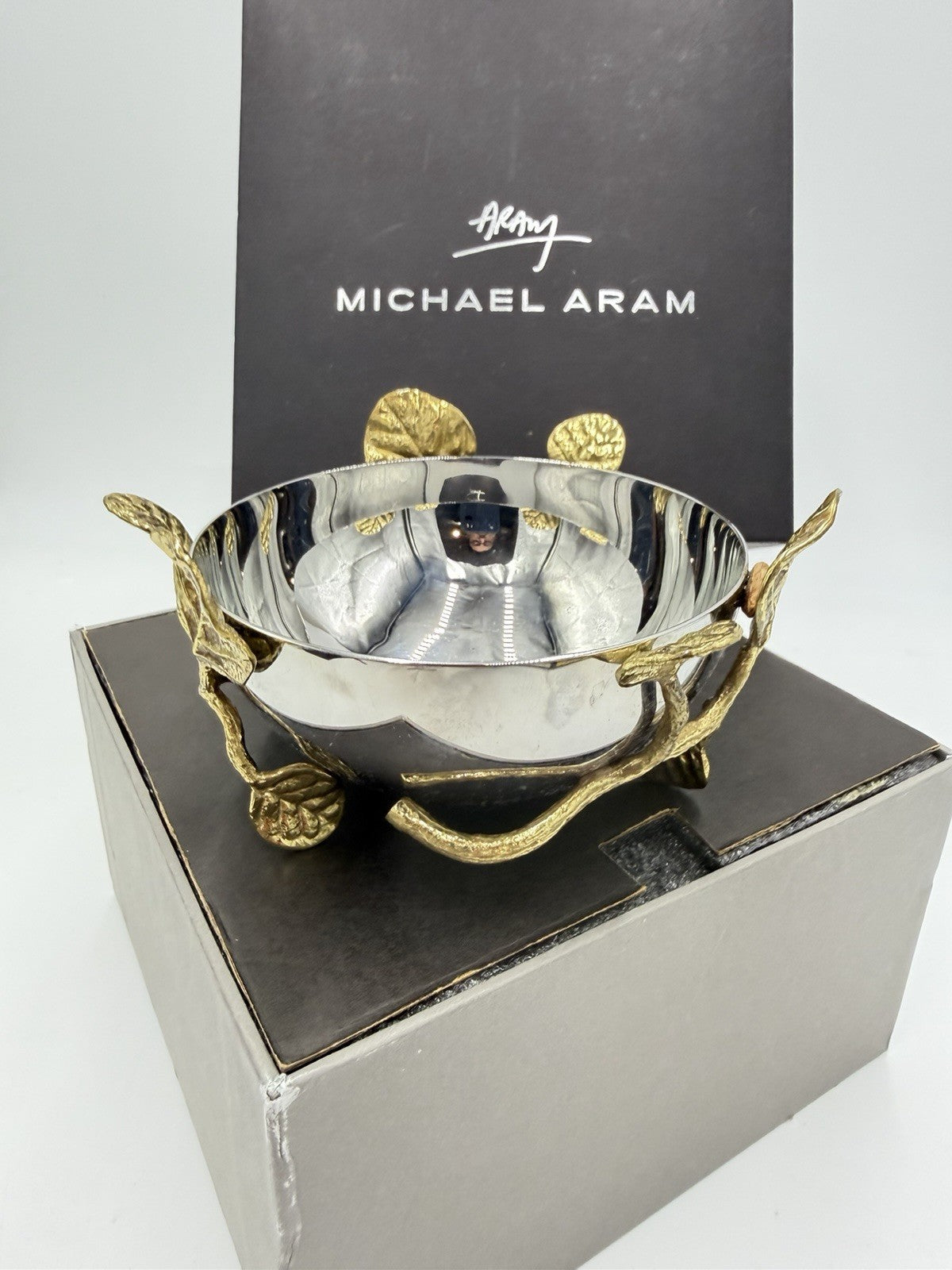 Michael Aram Botanical Lovebirds Ginkgo Branch Stainless Gold 3”x5” Nut Bowl