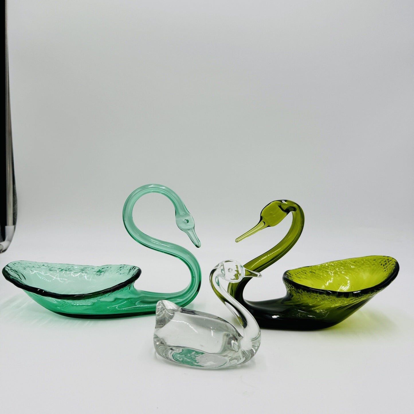 Viking Swan Figurines Art Glass Green Avocado Clear Vintage MCM Set 3 Pieces