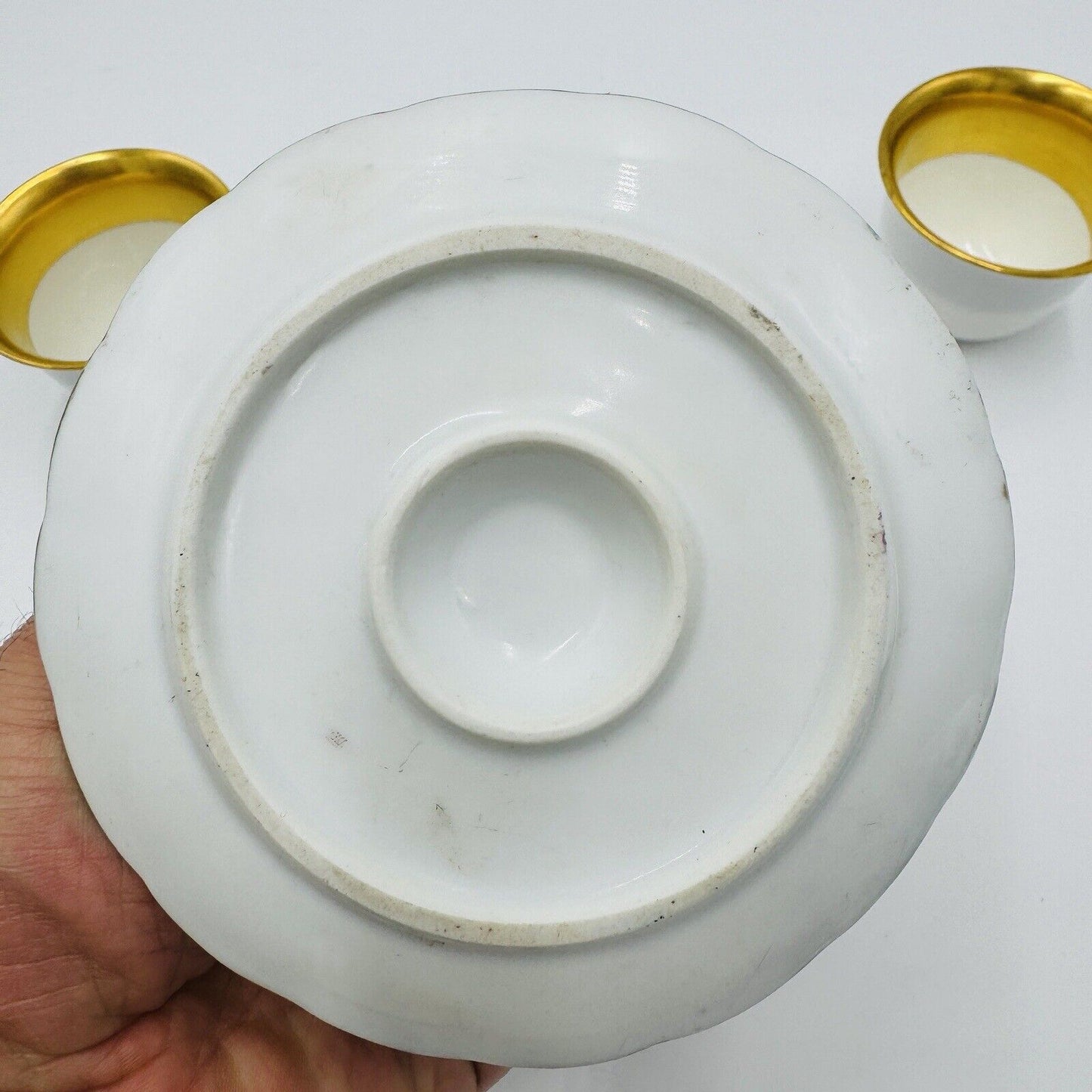 French Porcelain Gold Trim Egg Cups 3 Pieces Unmarked Rare Antique Serveware