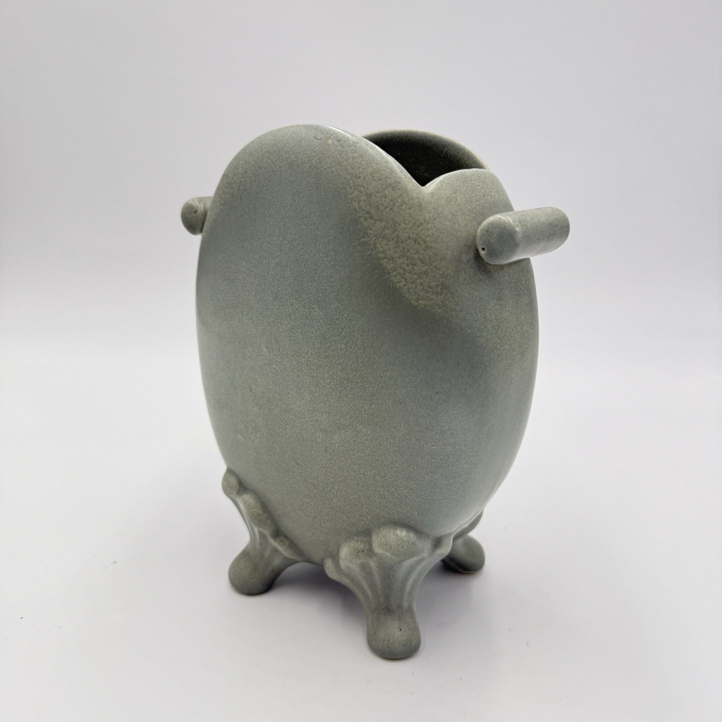 Celadon Art Pottery Green Footed Vase Double Handle Chinese 6.5”h X 2”w X 5.5”