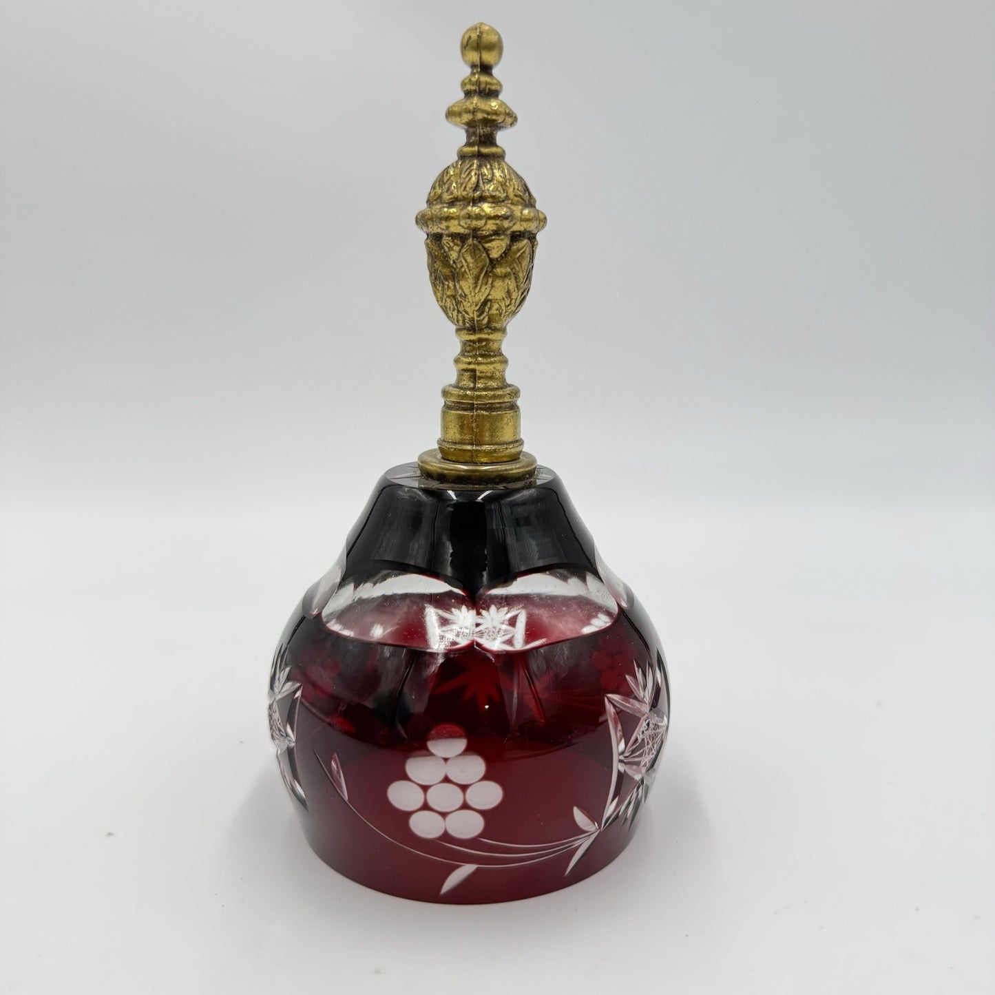 Vtg Ruby Red Art Cut Glass Crystal Bell Ornate Gold Tone Brass Handle Poland