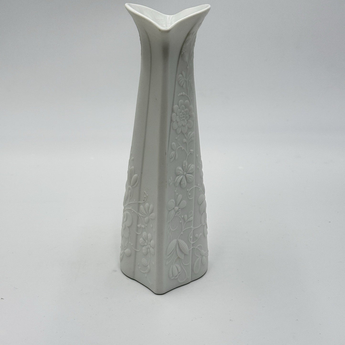 Kaiser Germany White Bisque Vase Embossed Floral Pitcher 8" By M.Fray Porcelain