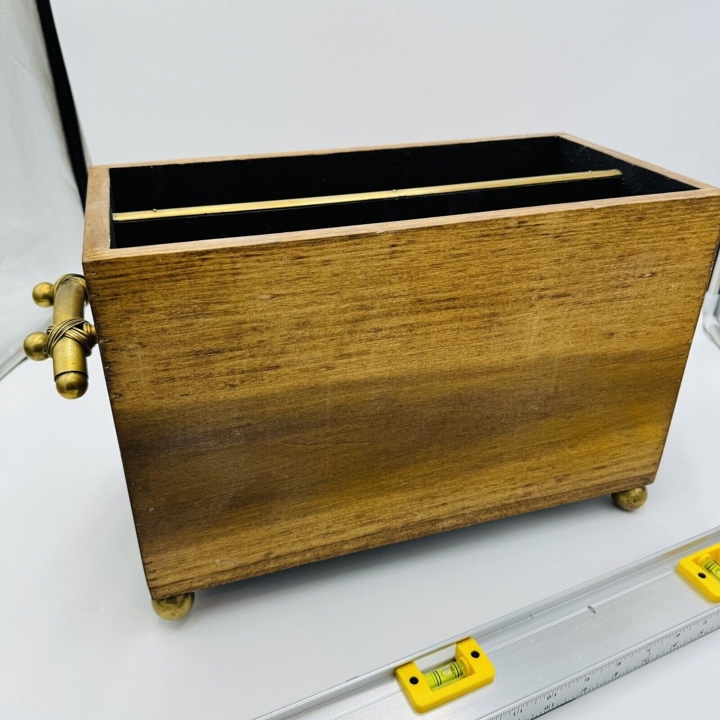Magazine Holder Brass Handles Vintage Solid Wood Hollywood Regency Storage Decor
