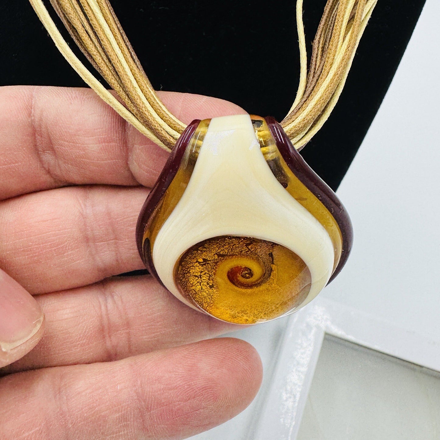 Antica Murrina Venetian Art Glass Amber Swirl Multi Straps Necklace Italy