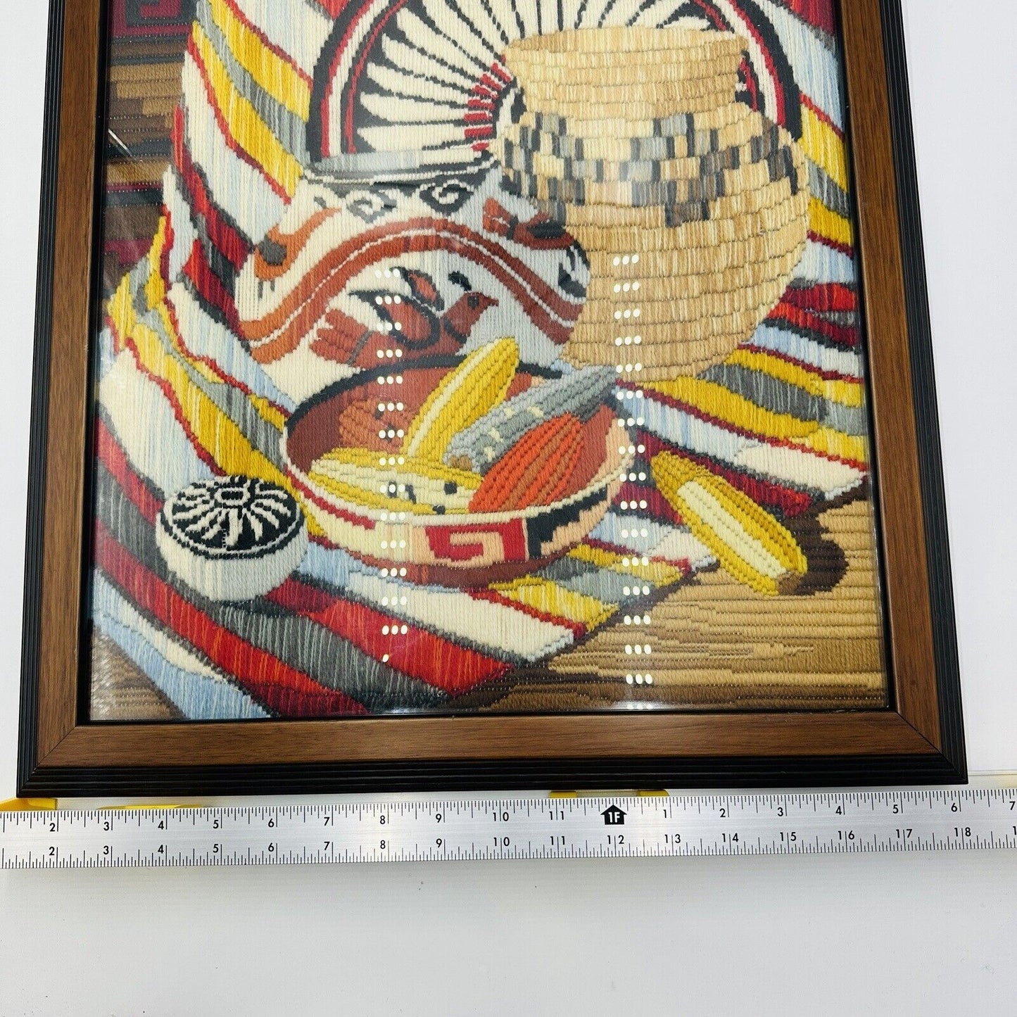 Rare Reinardy Native American Long-Stitch Needlepoint Basket Wall Art Framed