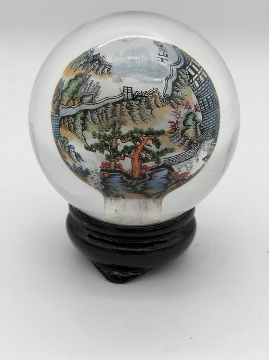 Chinese Reverse Painted Great Wall Art Glass Crystal Ball Sphere Signed 3.5”