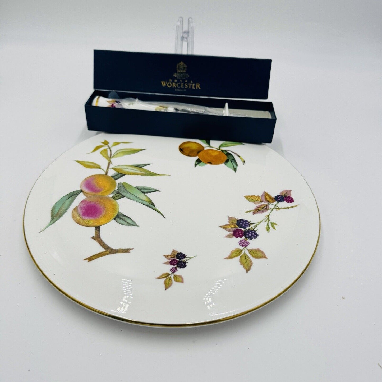 Royal Worcester Arden Fruit Porcelain cake plate & matching Cheese knife 1974