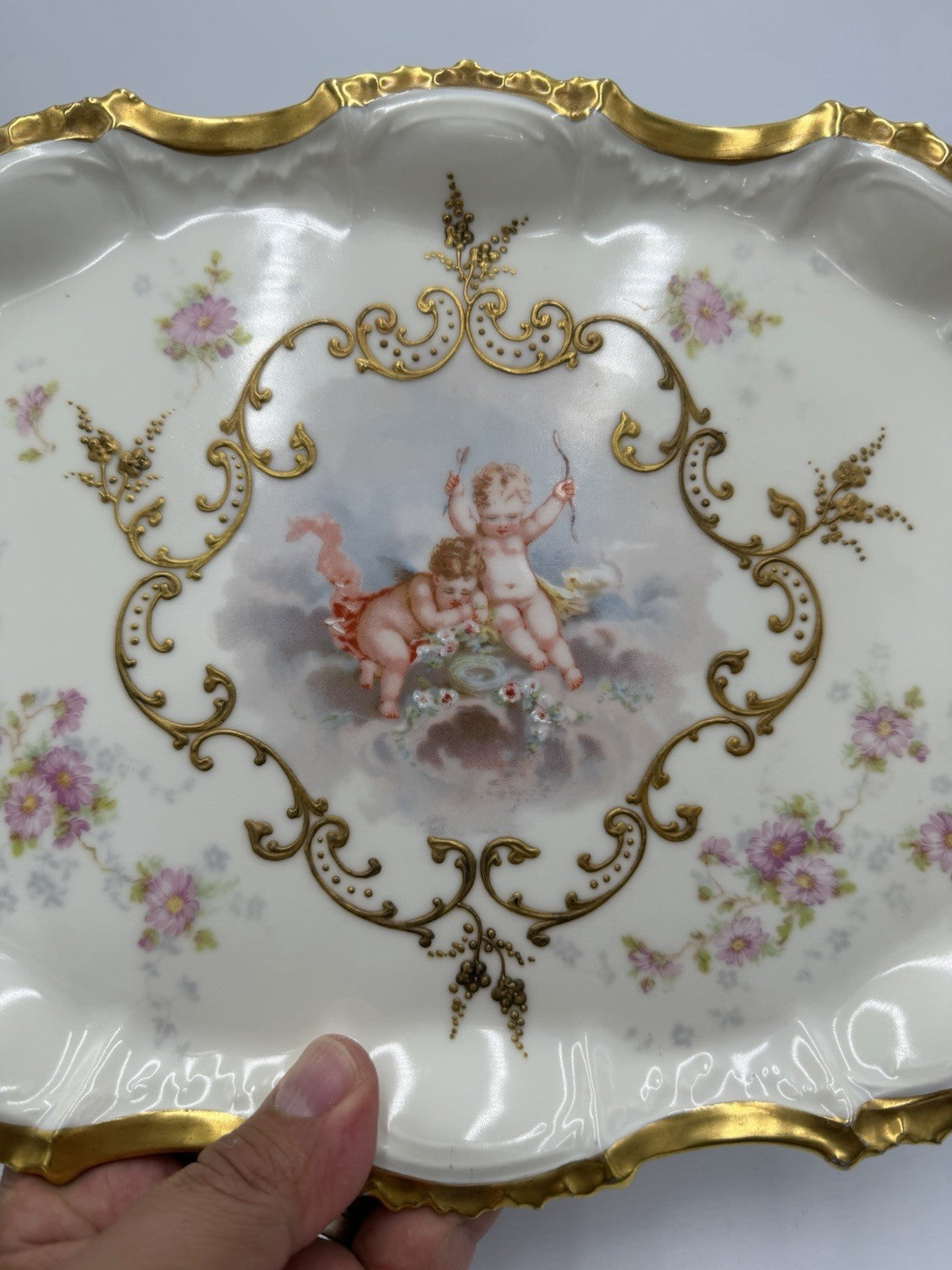 Antique AK Limoges France Cupid Cherubs Gilded Large Rectangle Platter Porcelain
