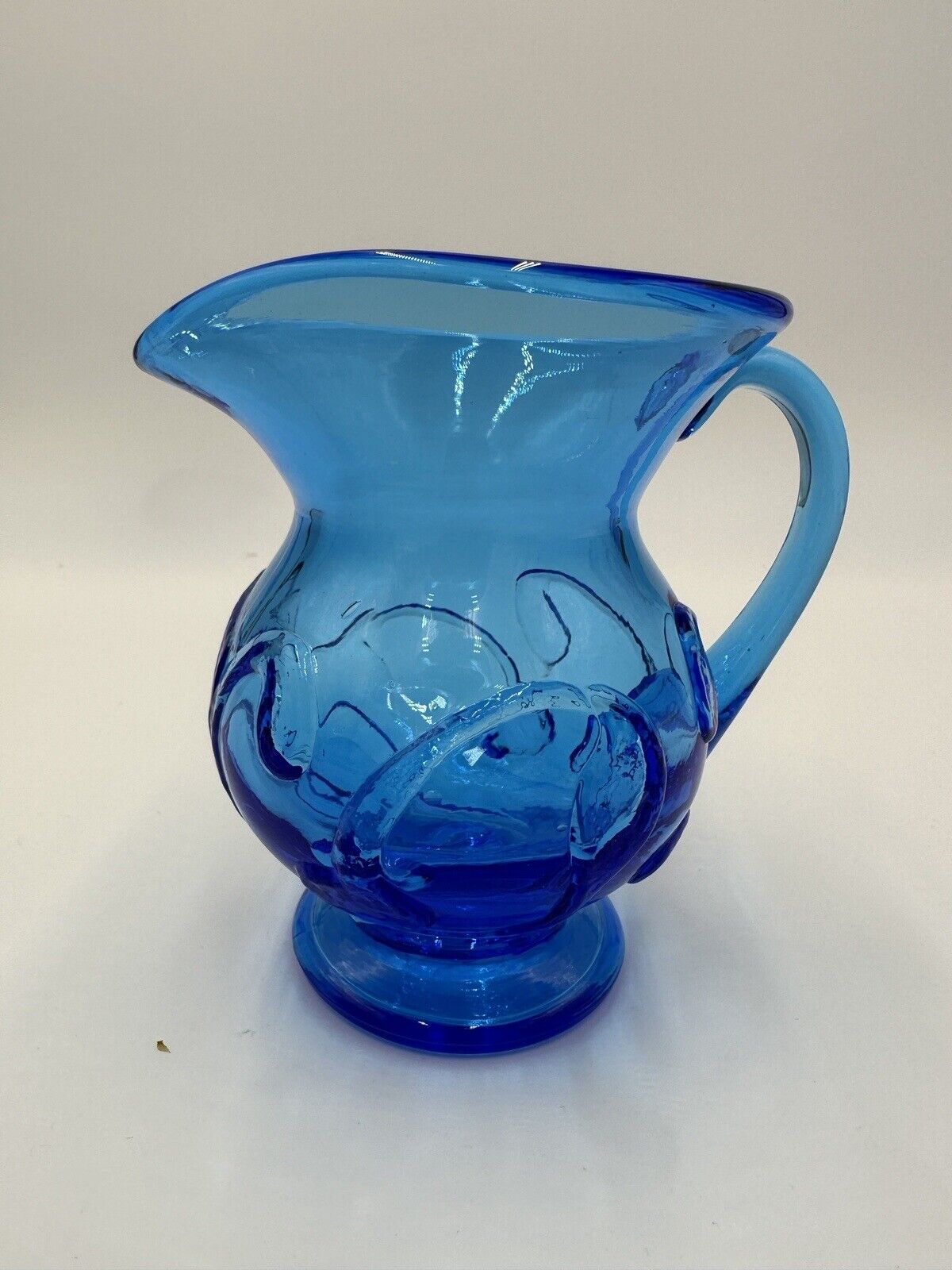 Electric Blue Pitcher Art Glass Hand Blown Floral Pressed Handled Decor Vintage