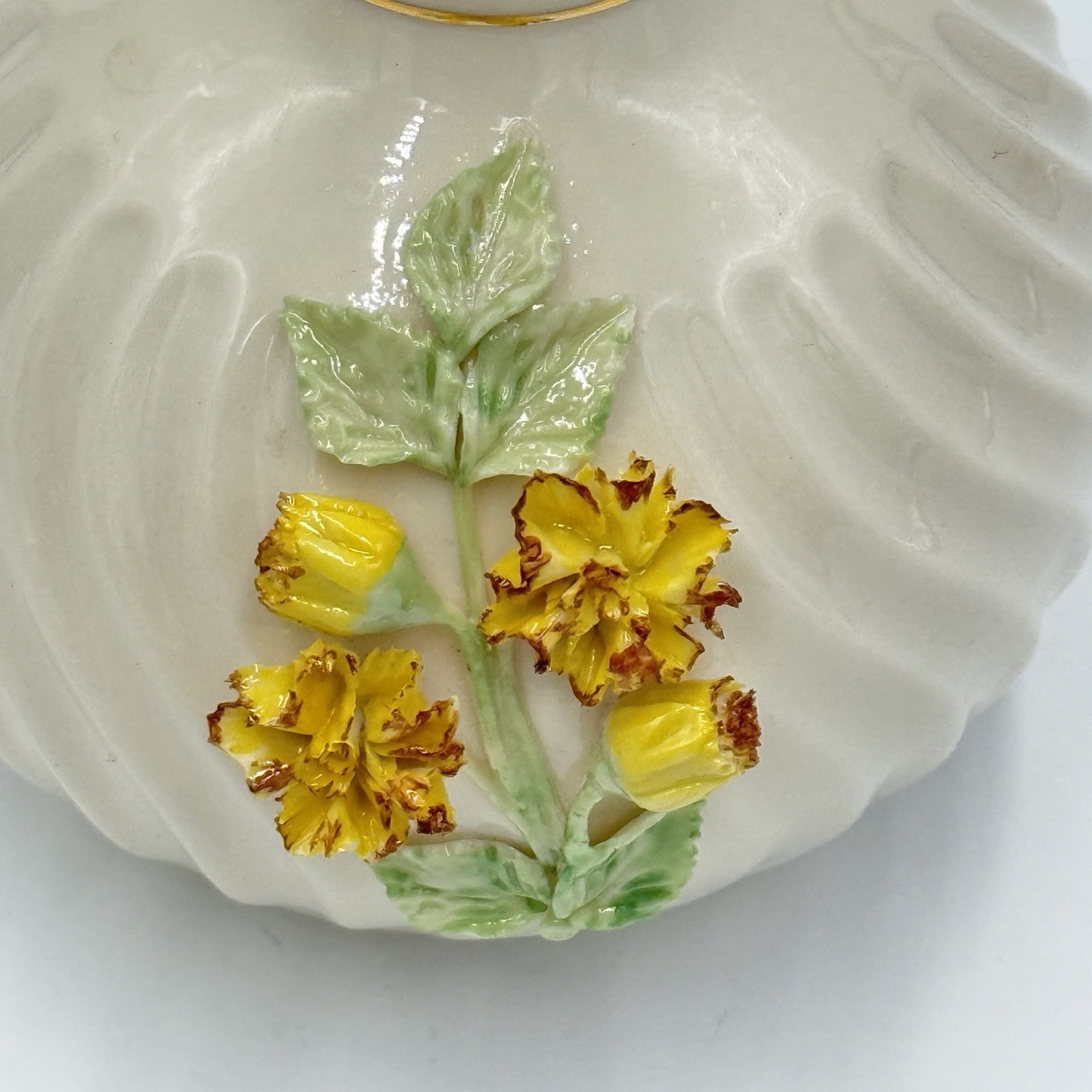 Belleek Ireland Vase Off White Applied Yellow Floral Vintage 7in Tall Porcelain