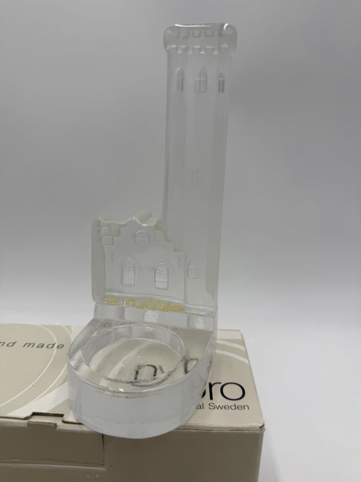 Nybro crystal Sweden votive candle holder Oscarsborg watch tower Box /COA