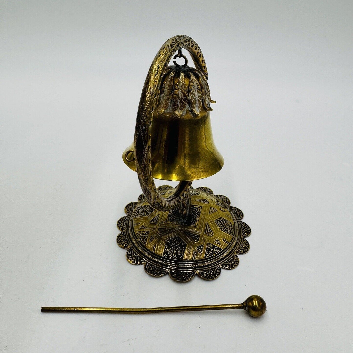 Brass Miniature Gong Ornate Bell Embossed 4in H Vintage Home Decor