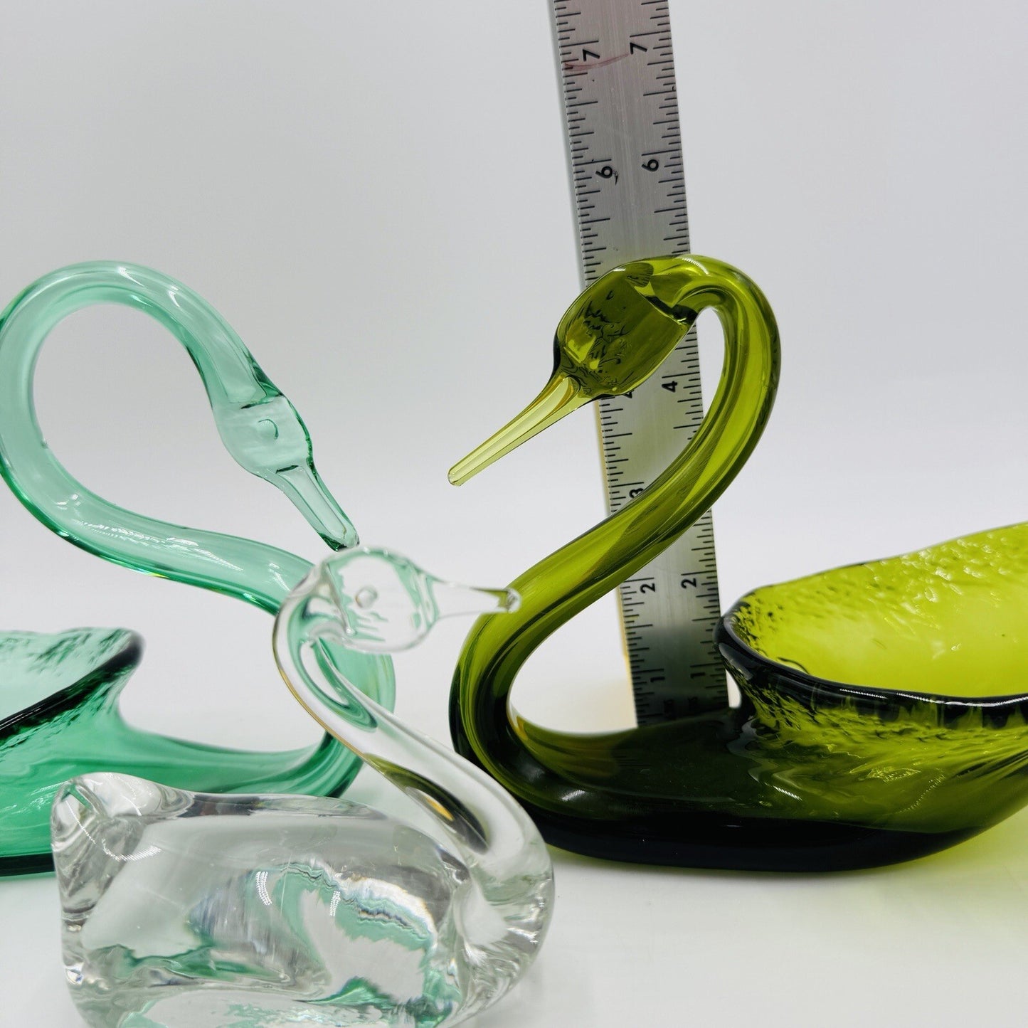Viking Swan Figurines Art Glass Green Avocado Clear Vintage MCM Set 3 Pieces