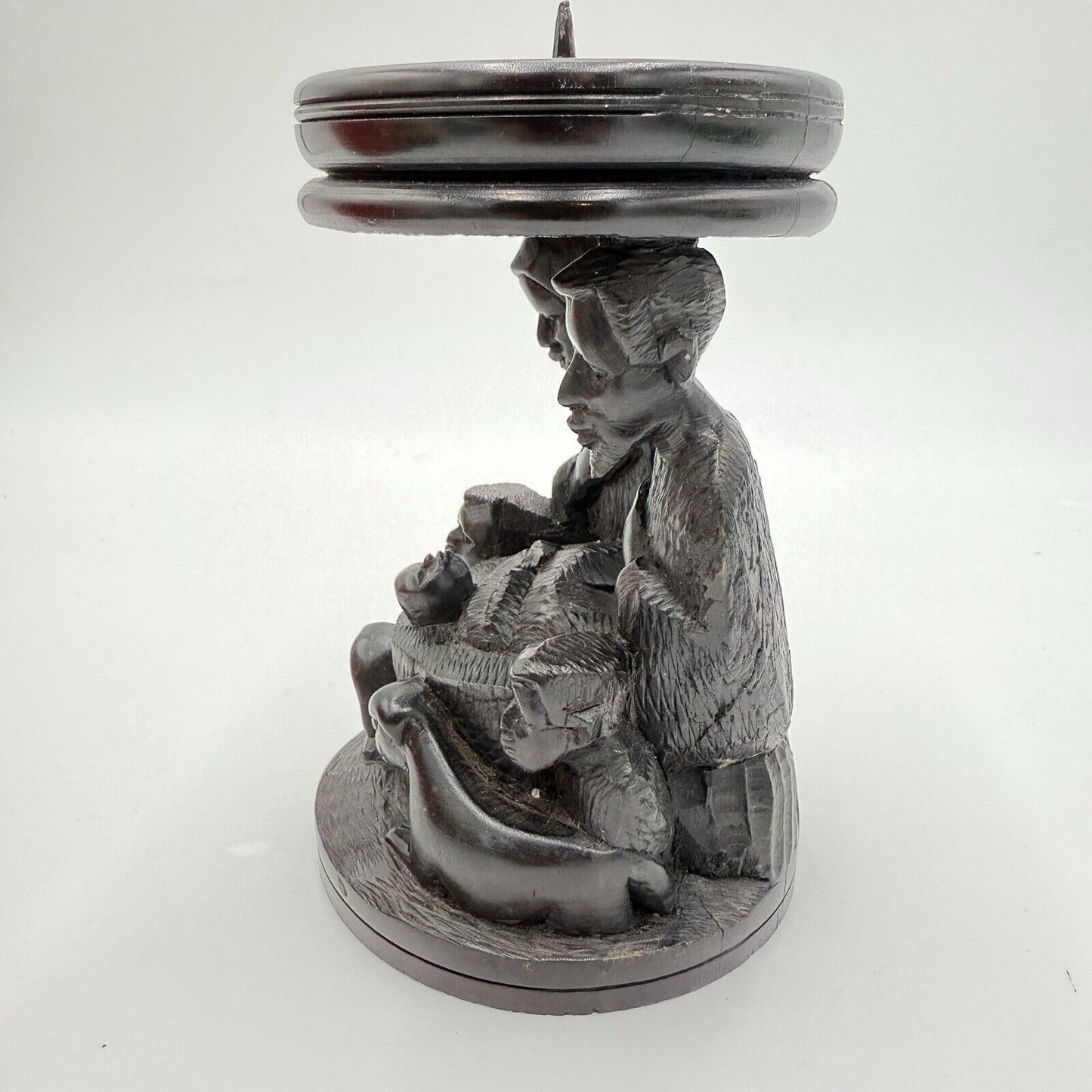 Vintage hand Carved Ebony Wood Nativity Candle Holder Solid Folk Art 6.5”