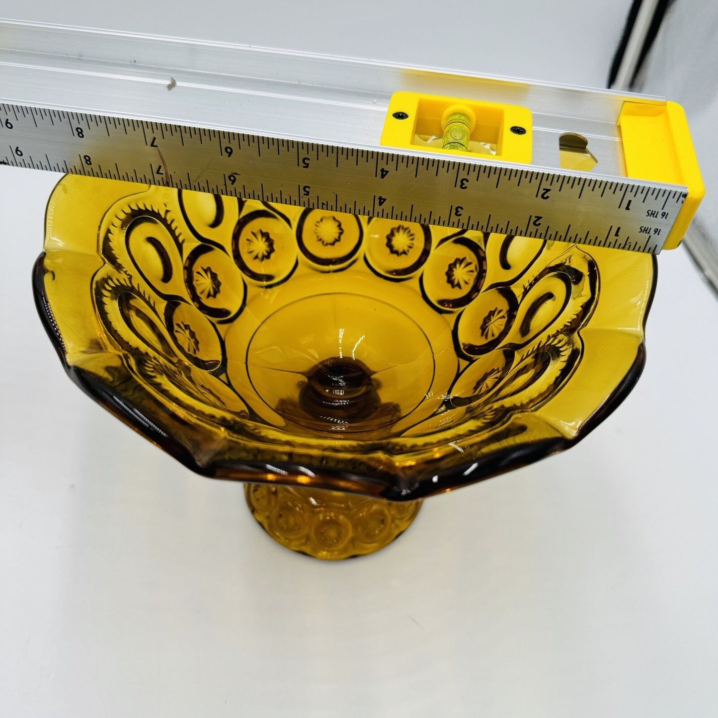 L.E. Smith Moon & Stars Amber Art Glass Pedestal Candy Bowl Dish 7in x 8in