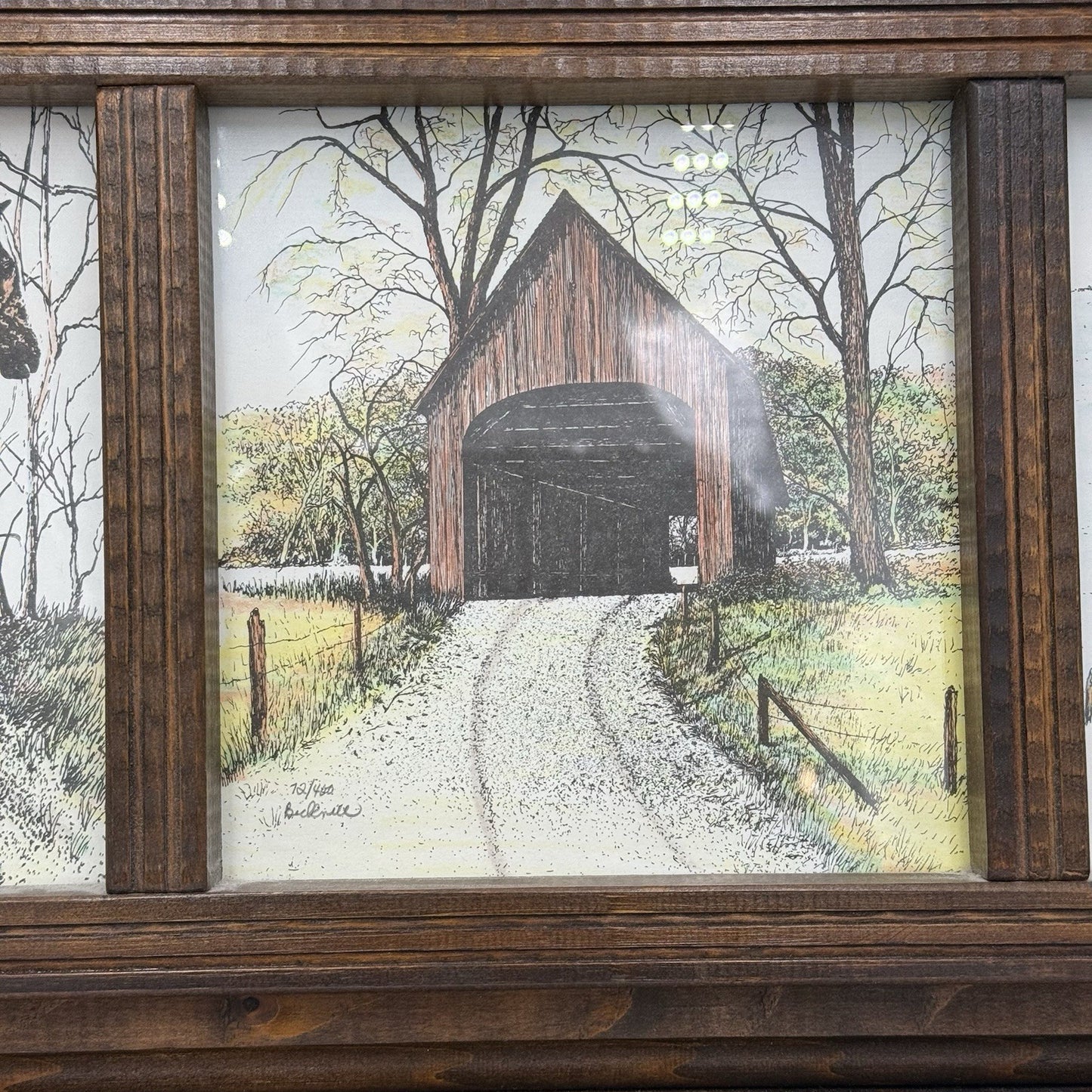 Nancy Bicknell 1984 Ink Watercolor Signed Print 3-1 Country Across Wooden Frame