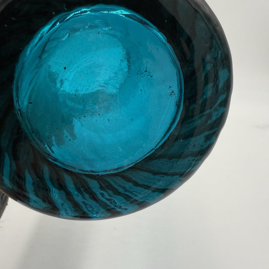 MCM Empoli Italian Handblown Art Glass Swirl Optic Teal Pedestal Vase 8.5in