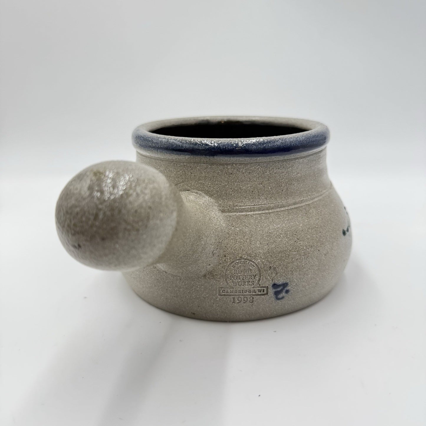 Rowe Pottery Works Salt Glazed Soup Crock Bowl Salt Glaze Blue Floral Design 9in